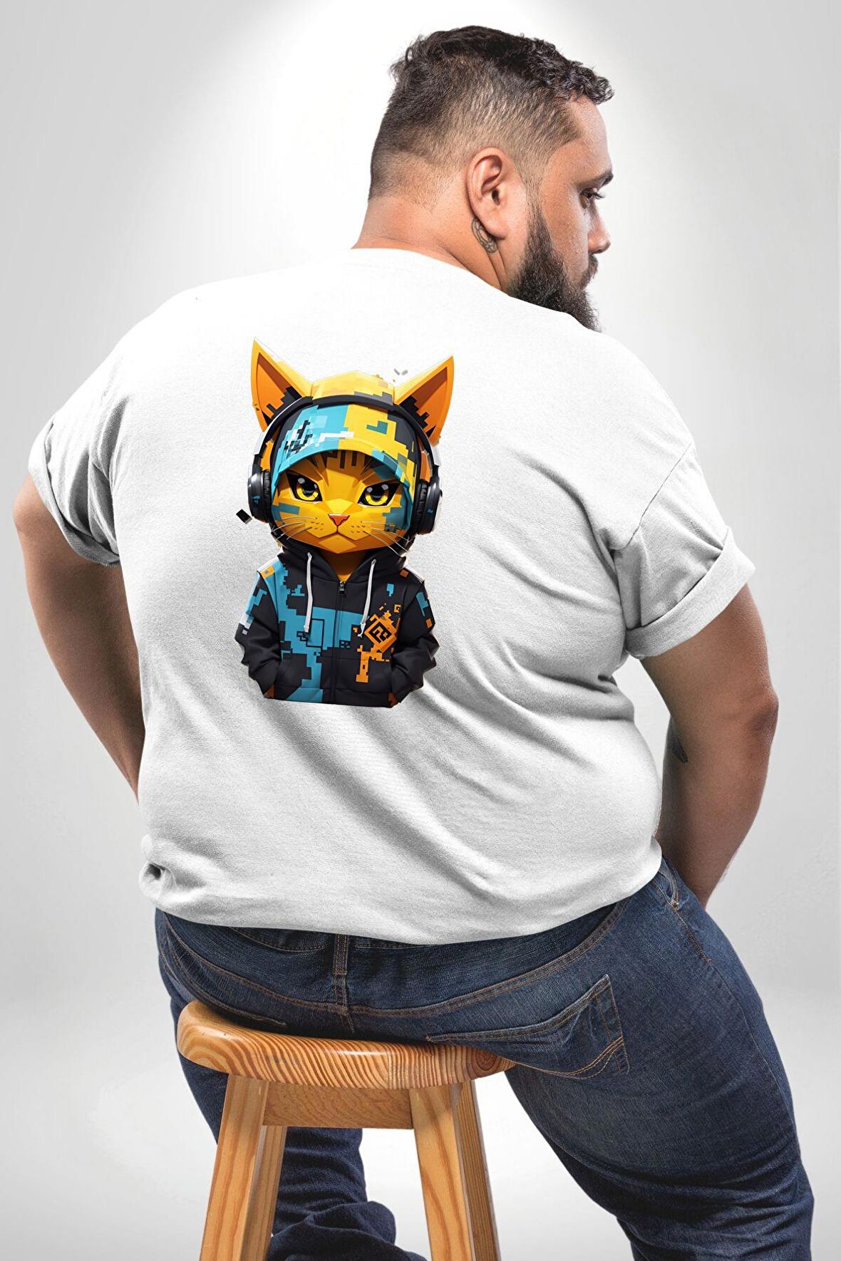 Bandana Kedi Kulaklık Çeket Büyük Beden Beyaz Tişört Kadın Erkek Ünisex Sırt Baskılı