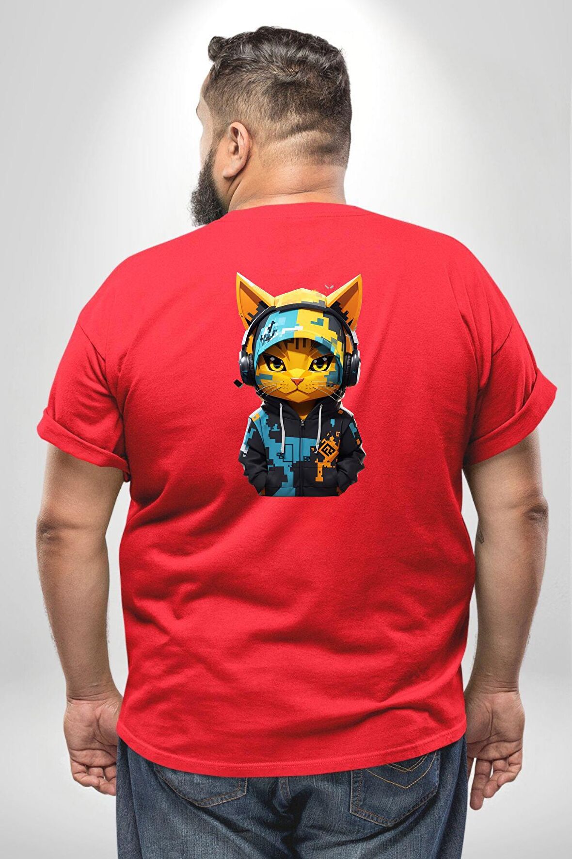 Bandana Kedi Kulaklık Çeket Büyük Beden Kırmızı Tişört Kadın Erkek Ünisex Sırt Baskılı