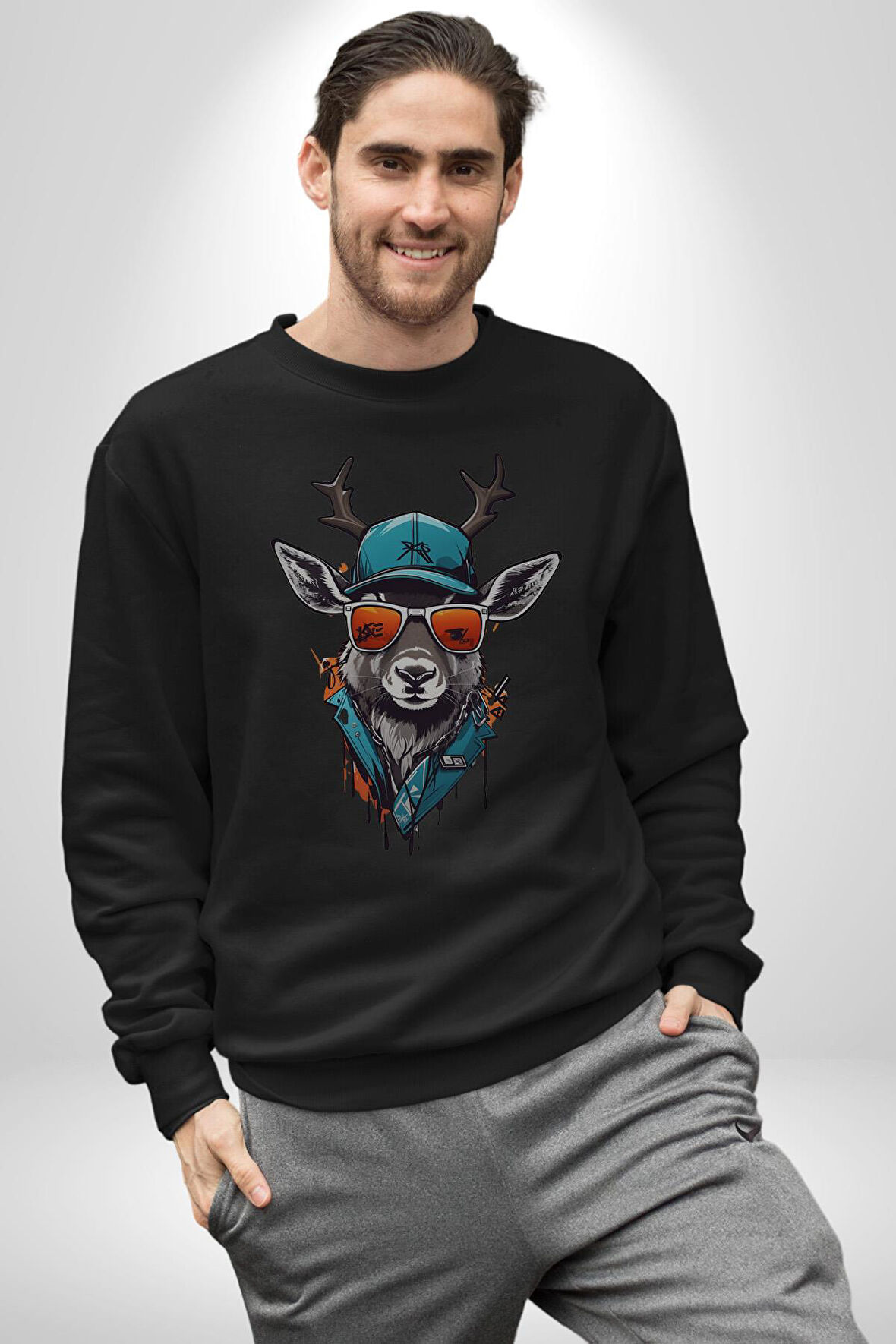 Güneş Gözlüğü Savaşcı Geyik  Kadın Erkek  Siyah Baskılı Sweatshirt 