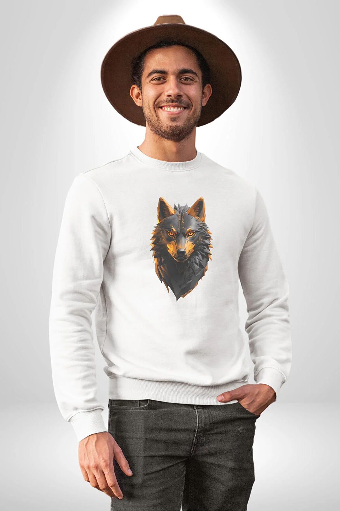Siyah Ateşli Sinirli Kurt  Kadın Erkek  Beyaz Baskılı Sweatshirt 