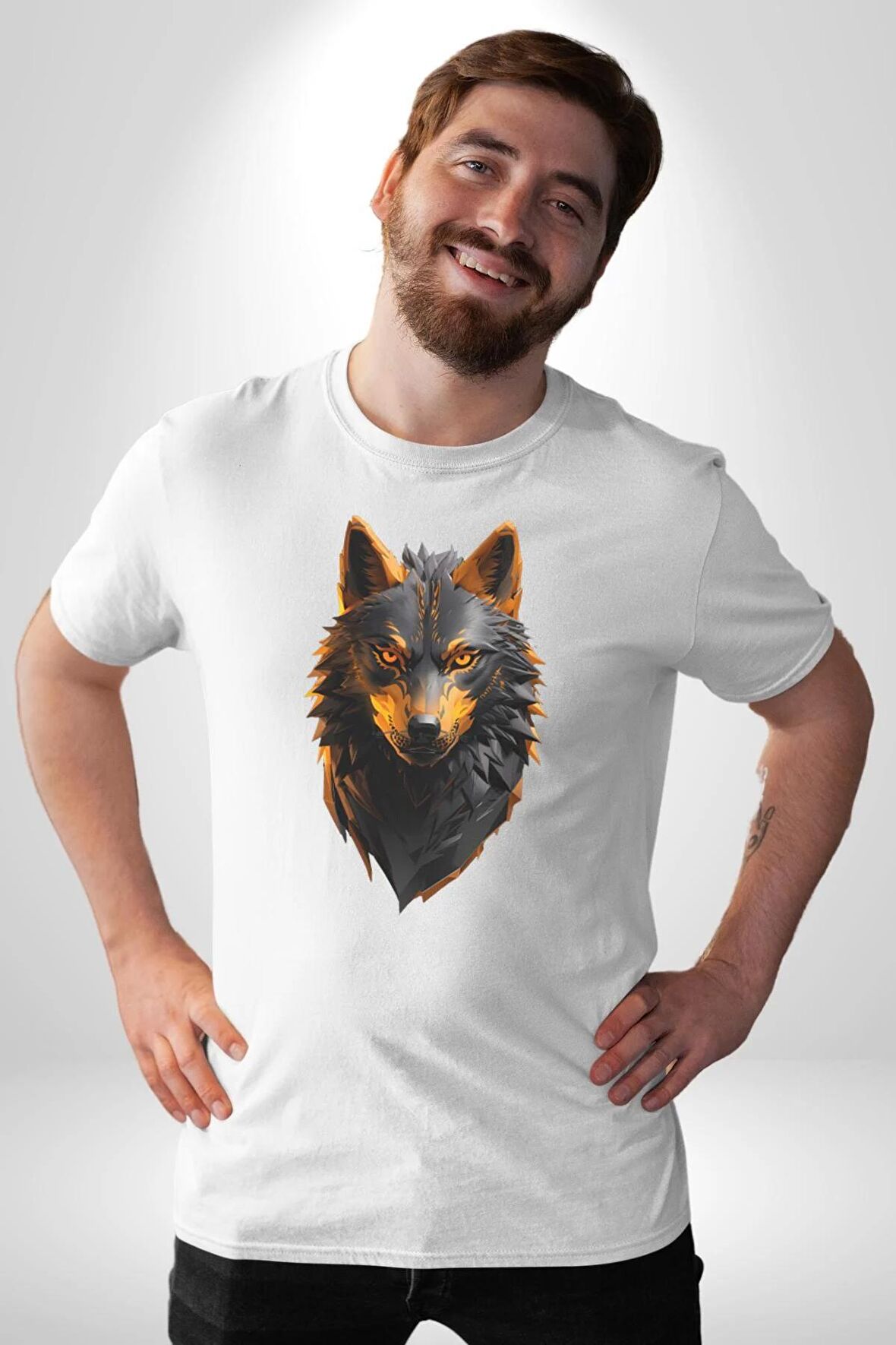 Siyah Ateşli Sinirli Kurt  Kadın Erkek Unisex Beyaz Organik Baskılı T-Shirt Penye Yüksek Kalite