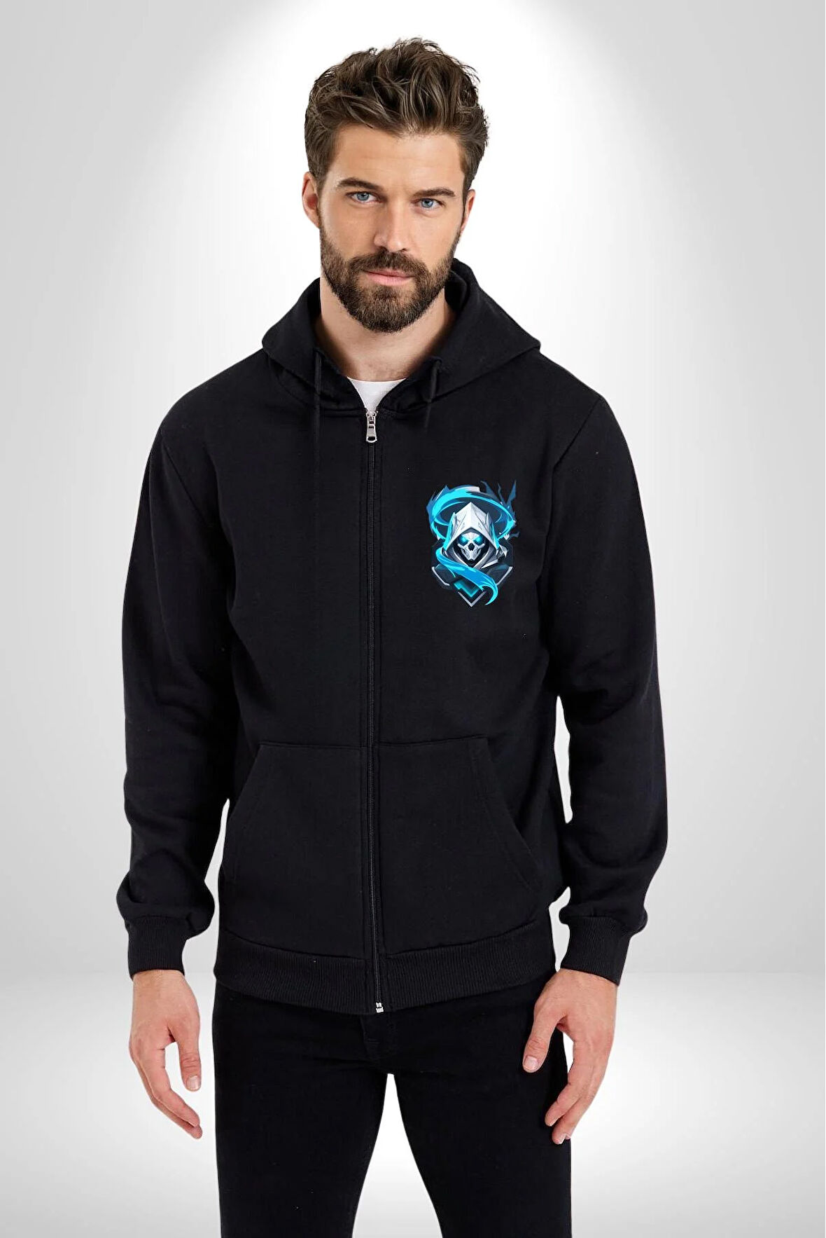 Buzların Efendisi Kurukafa Kadın Erkek Siyah Renk Kapüşonlu Kanguru Cepli  Fermuarlı Pamuklu Oversize Dijital Baskılı Hırka Sweatshirt
