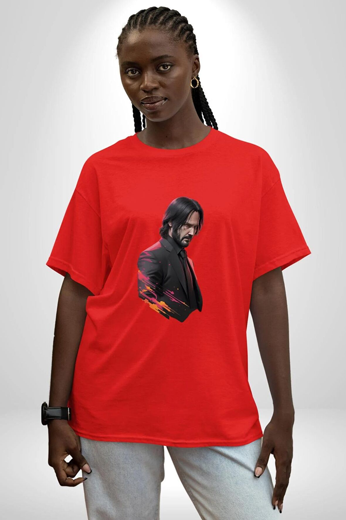John Wick Karakter  Pamuklu Bisiklet Yaka Kadın Erkek Oversize Boyfriend Dijital Baskılı Kırmızı T-Shirt