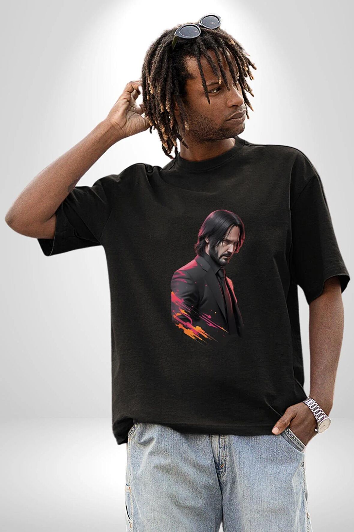John Wick Karakter  Pamuklu Bisiklet Yaka Kadın Erkek Oversize Boyfriend Dijital Baskılı Siyah T-shirt