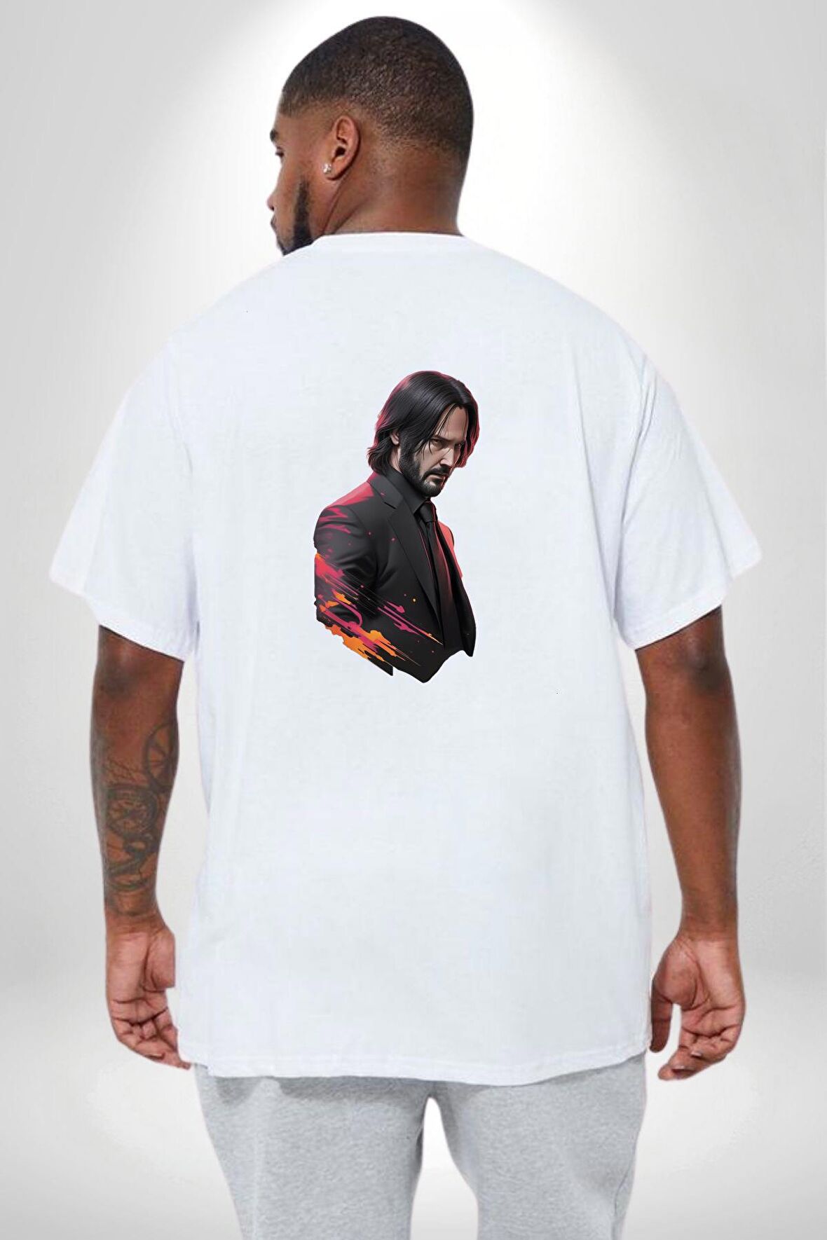 John Wick Karakter  Büyük Beden Beyaz Tişört Kadın Erkek Ünisex Sırt Baskılı