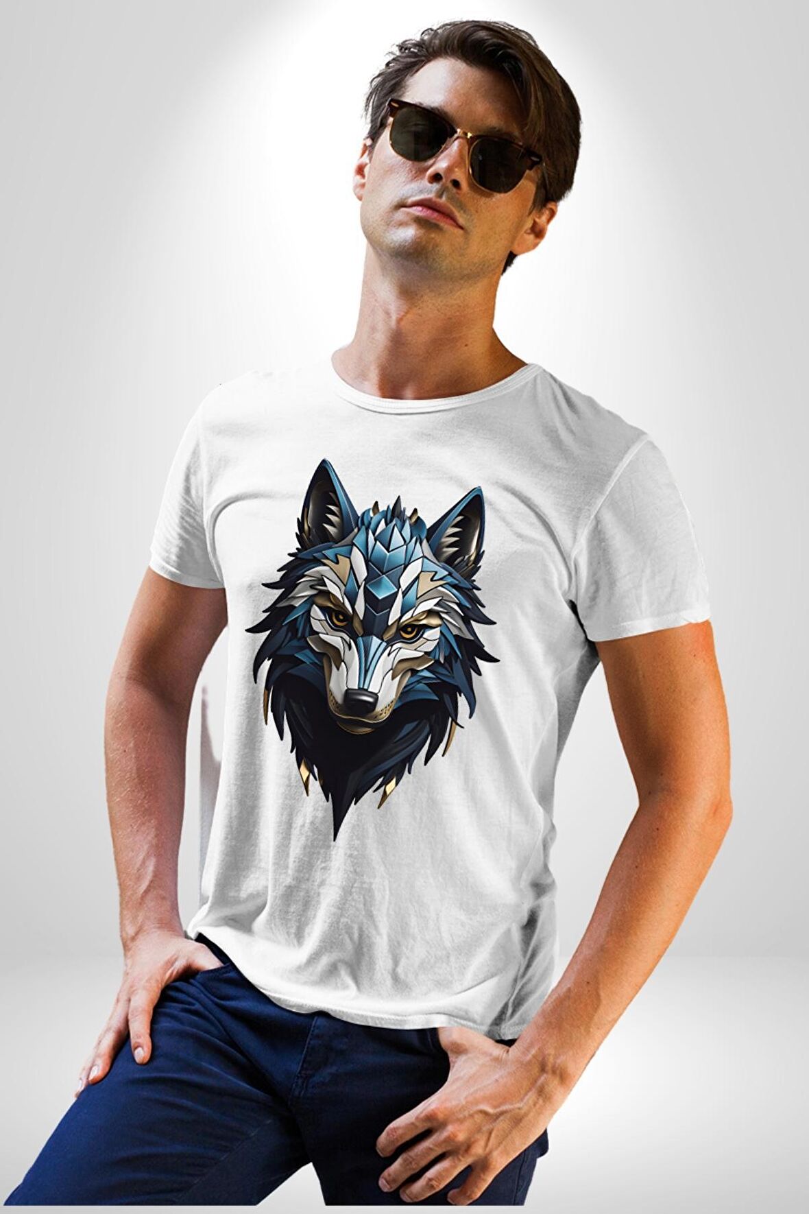 Mavi Kurt Robot  Kadın Erkek Unisex Beyaz Organik Baskılı T-Shirt Penye Yüksek Kalite