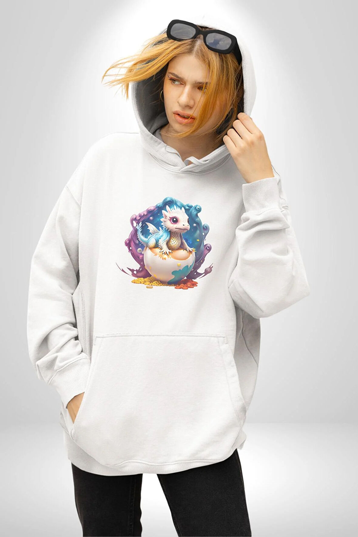 Sevimli Bebek Ejderha Elmas Yumurta Kadın Erkek  Beyaz Kapüşonlu Sweatshirt Hoodie