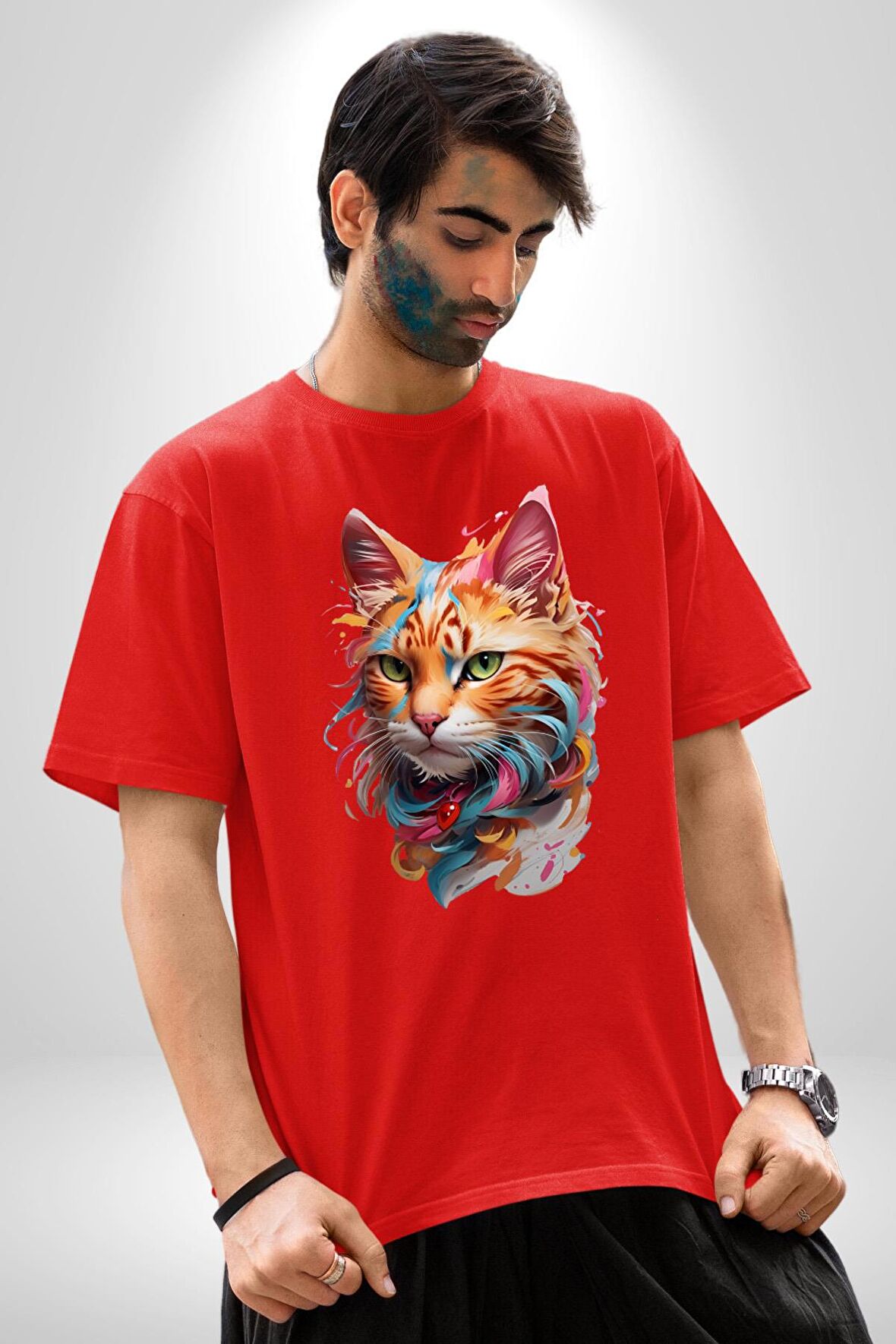 Hayvan Kedi Sanat Potre Pamuklu Bisiklet Yaka Kadın Erkek Oversize Boyfriend Dijital Baskılı Kırmızı T-Shirt