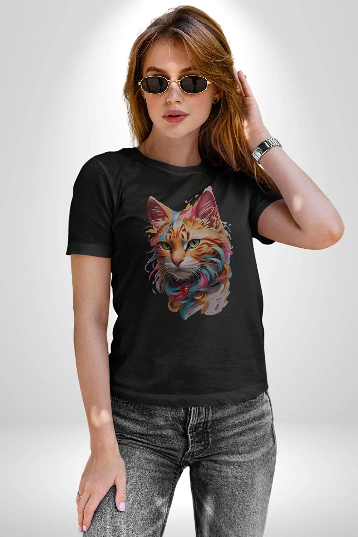 Hayvan Kedi Sanat Potre Kadın Erkek Unisex Siyah Organik Baskılı T-Shirt Penye Yüksek Kalite