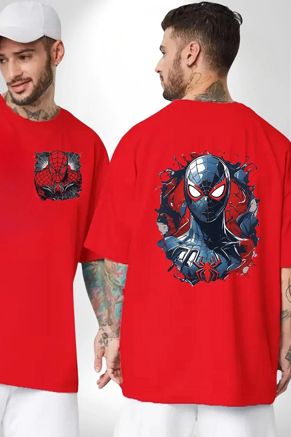 Kadın Spiderwoman Miles Morales Kırmızı Oversize Kadın Erkek Ön ve Sırt Baskılı Tişört