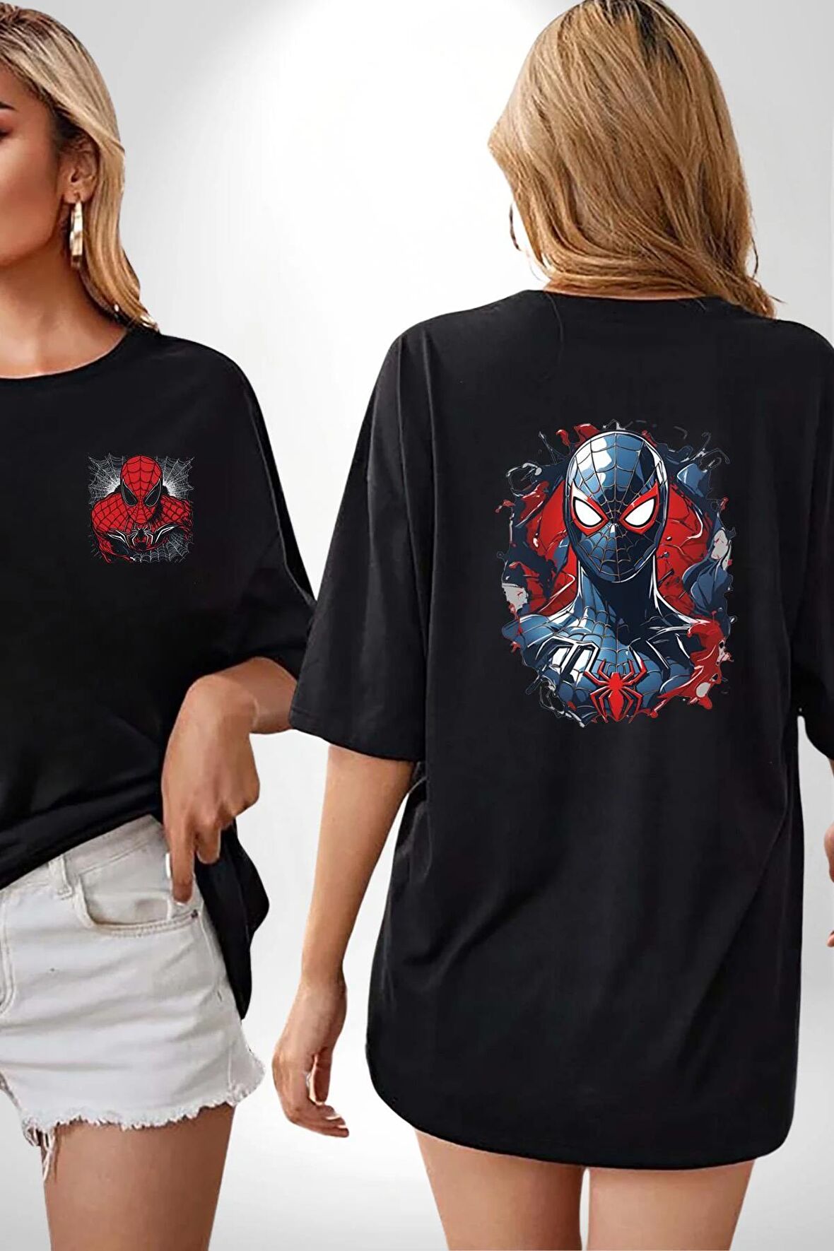 Kadın Spiderwoman Miles Morales Siyah Oversize Kadın Erkek Ön ve Sırt Baskılı Tişört