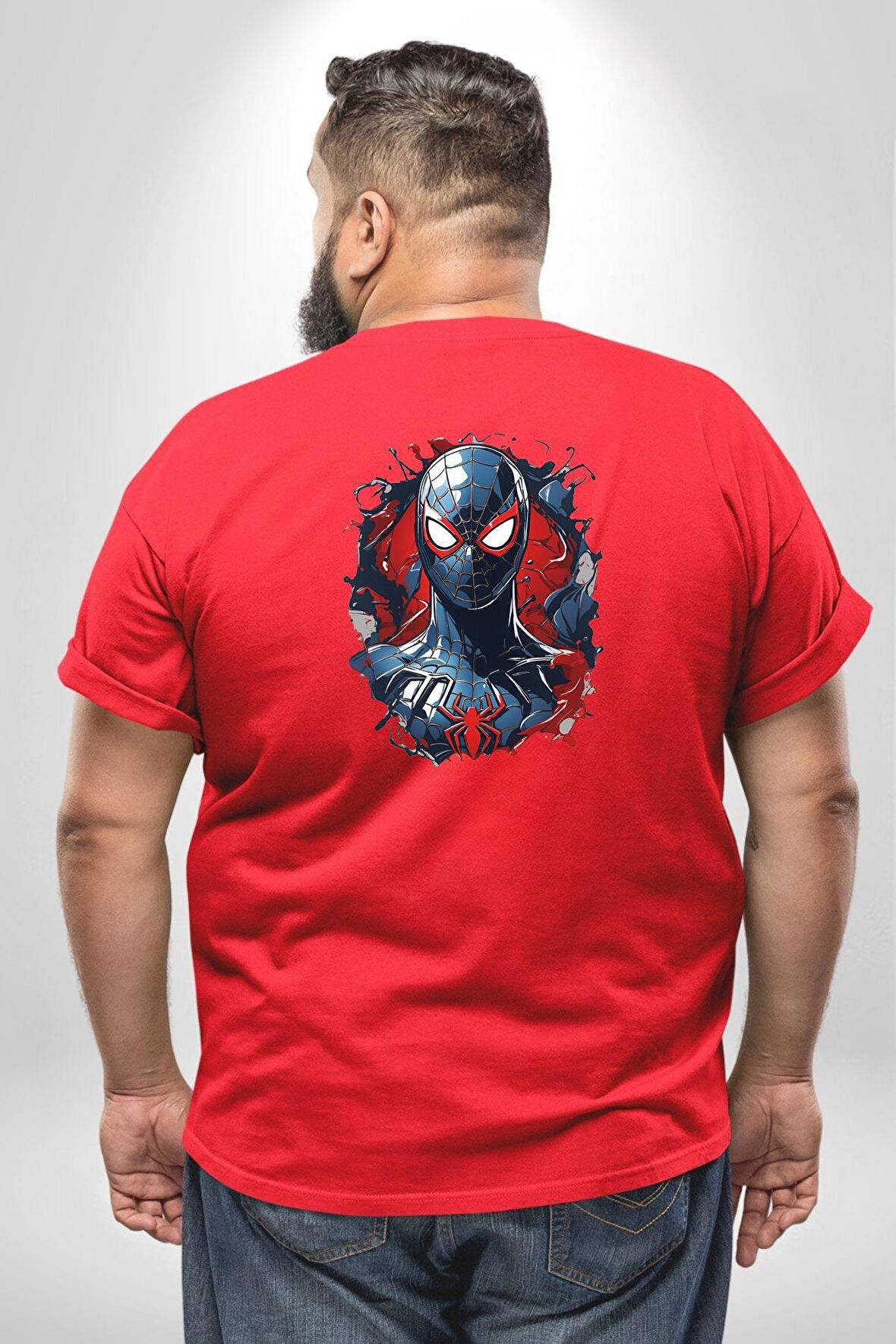 Kadın Spiderwoman Miles Morales Büyük Beden Kırmızı Tişört Kadın Erkek Ünisex Sırt Baskılı