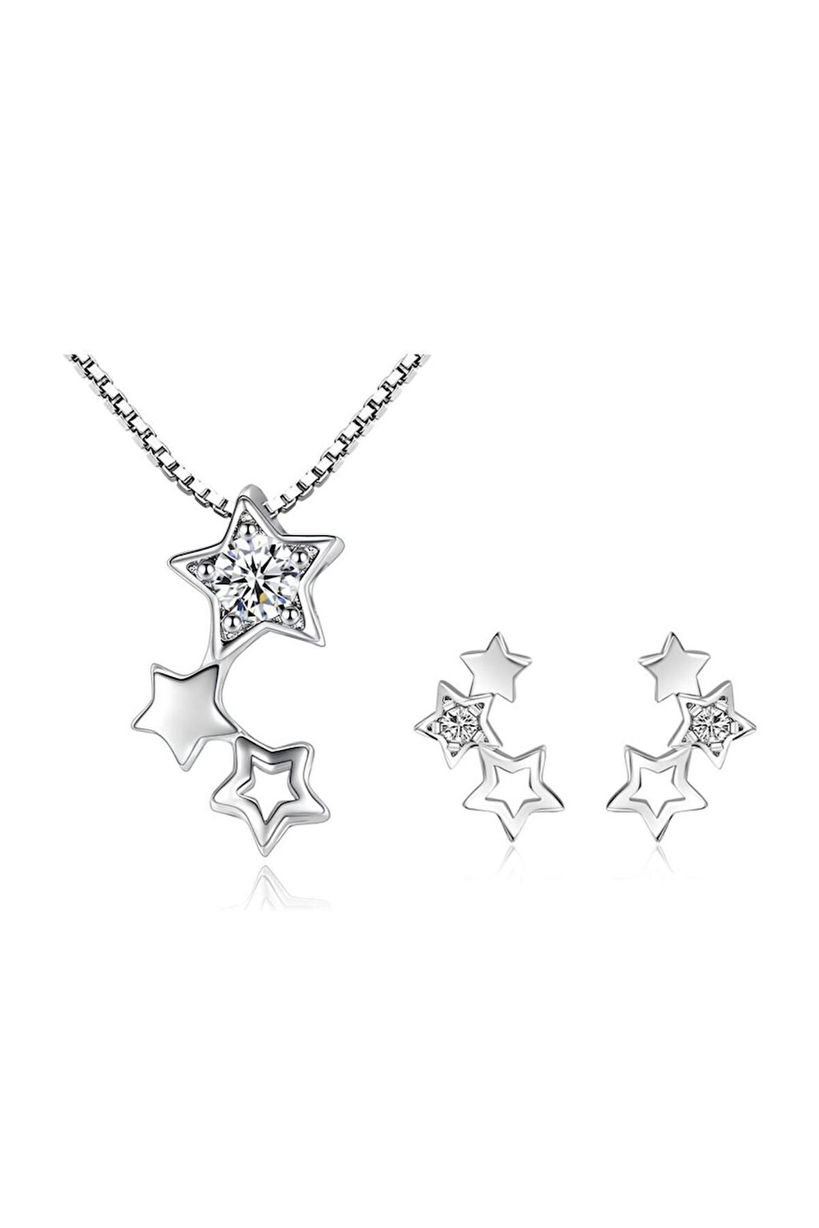 925 Ayar Zirkon Taşlı Yıldız Figürlü Gümüş Kolye Küpe Seti Hediyelik