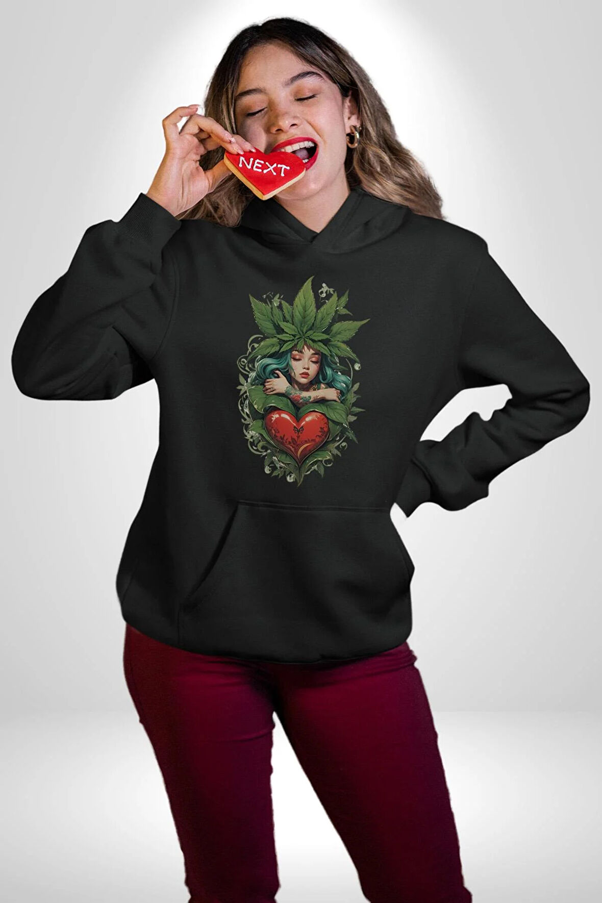 Kalp Parmak Kız Yeşillik Mutluluk Kadın Erkek  Siyah Kapüşonlu Sweatshirt Hoodie