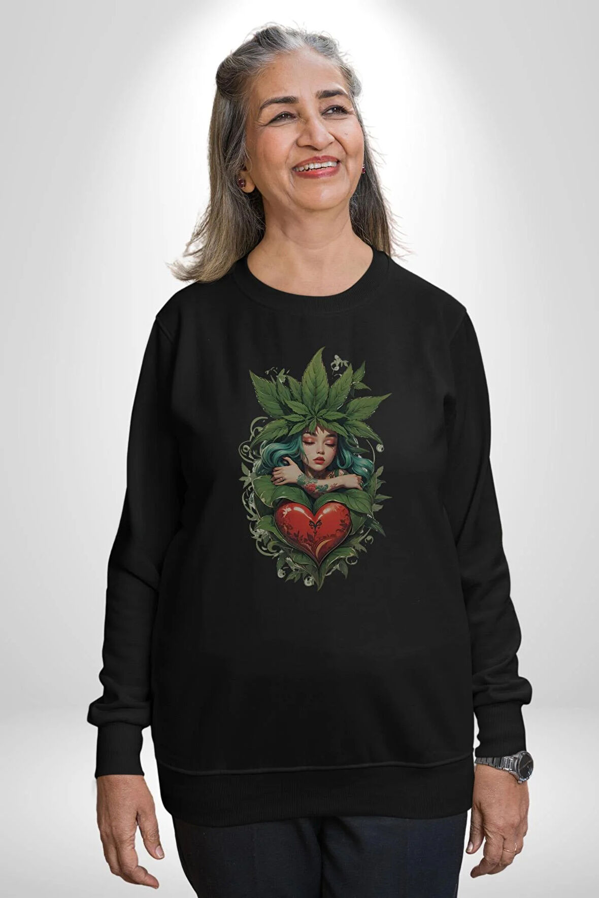 Kalp Parmak Kız Yeşillik Mutluluk Kadın Erkek  Siyah Baskılı Sweatshirt 