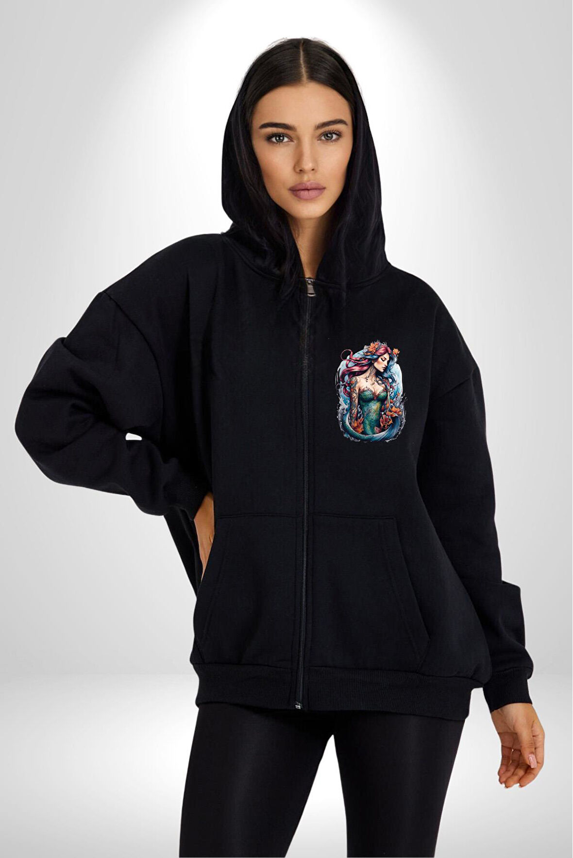 Deniz Kızı Çiçek  Kadın Erkek Siyah Renk Kapüşonlu Kanguru Cepli  Fermuarlı Pamuklu Oversize Dijital Baskılı Hırka Sweatshirt