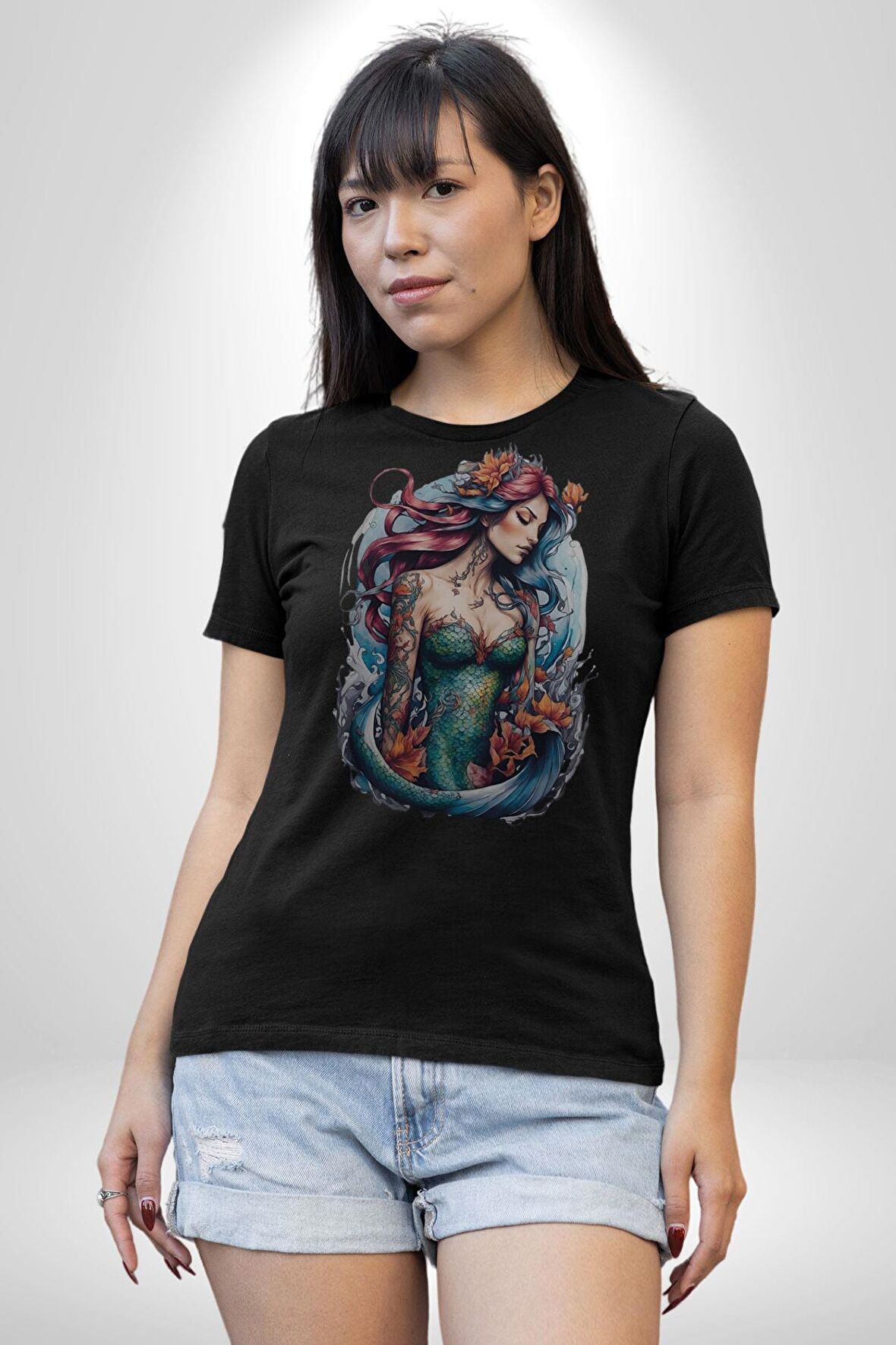 Deniz Kızı Çiçek  Kadın Erkek Unisex Siyah Organik Baskılı T-Shirt Penye Yüksek Kalite
