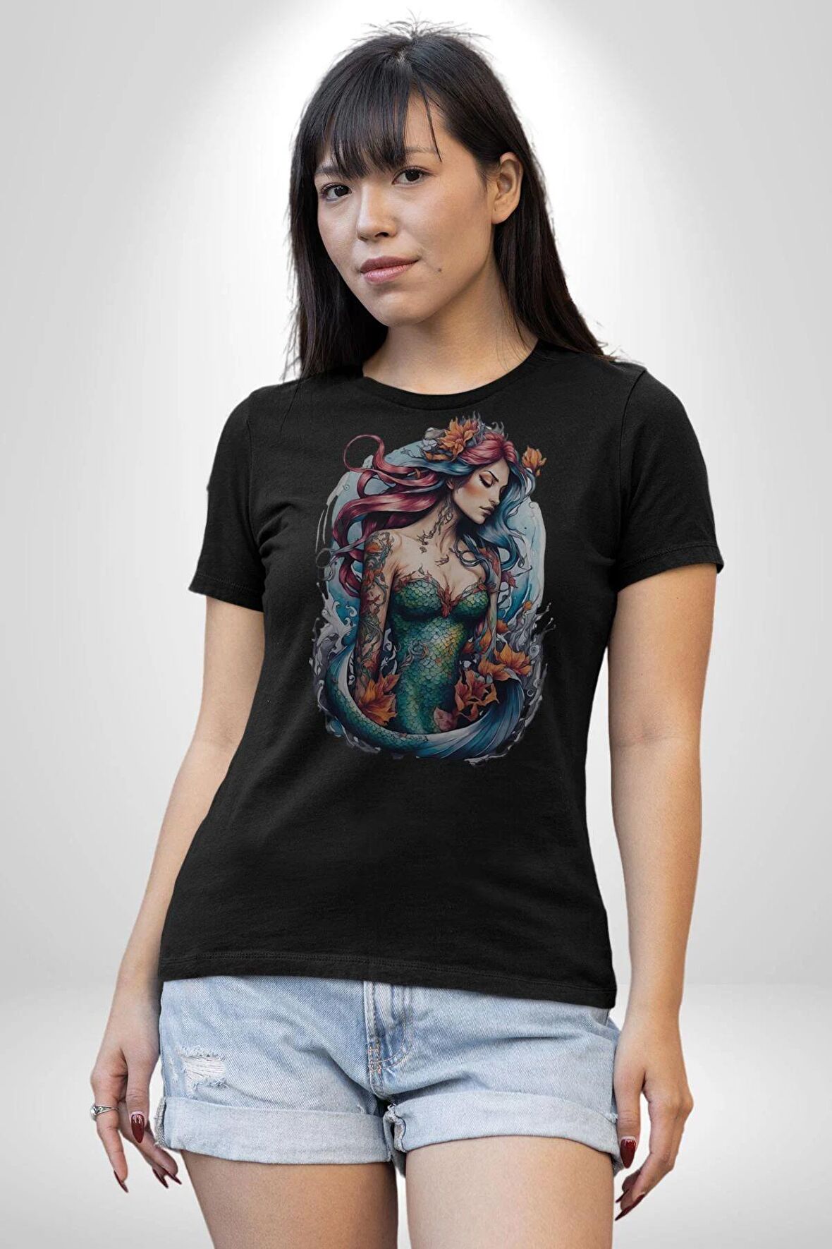 Deniz Kızı Çiçek  Kadın Erkek Unisex Siyah Organik Baskılı T-Shirt Penye Yüksek Kalite