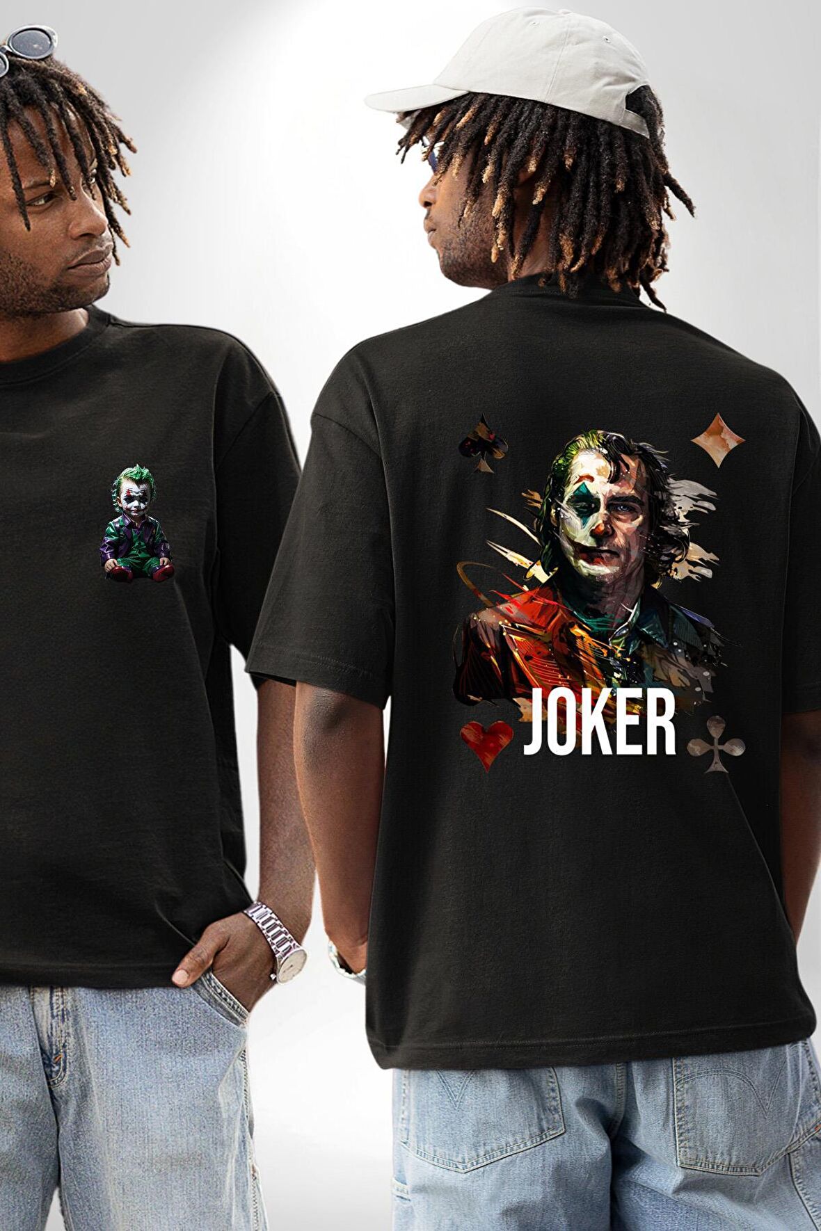Joker Poker Suluboya İskambil Kartı Siyah Oversize Kadın Erkek Ön ve Sırt Baskılı Tişört
