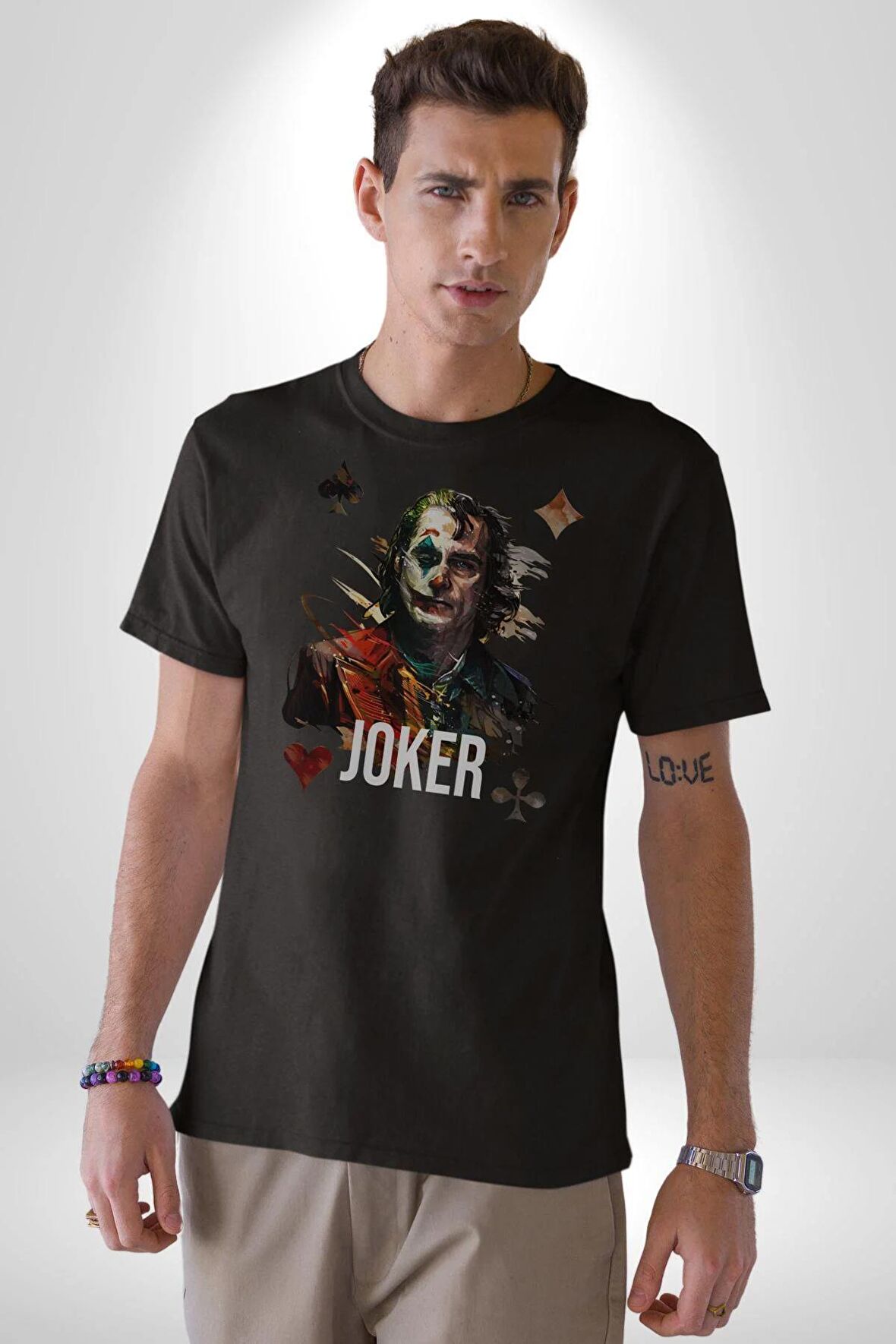 Joker Poker Suluboya İskambil Kartı Kadın Erkek Unisex Siyah Organik Baskılı T-Shirt Penye Yüksek Kalite