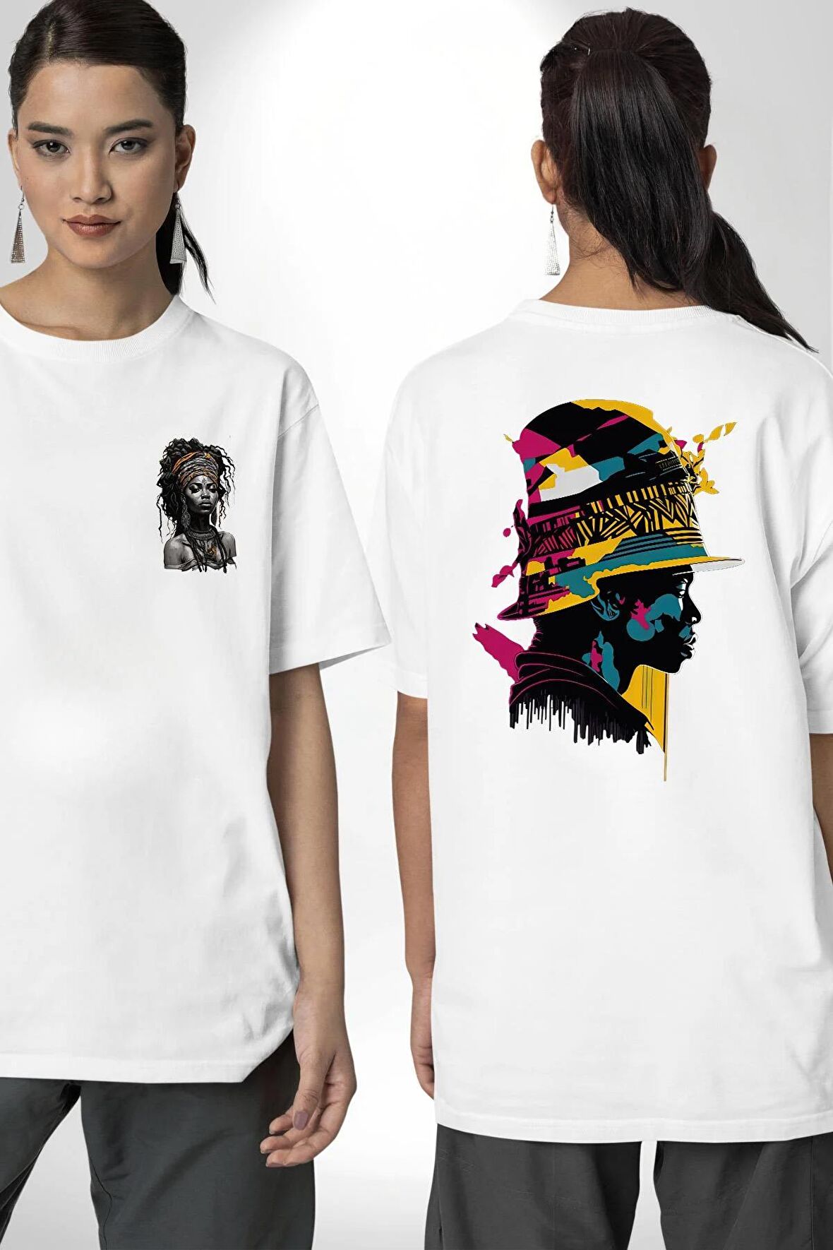 Afrikalı Kadın Sanat Siyahi  Beyaz Oversize Kadın Erkek Ön ve Sırt Baskılı Tişört