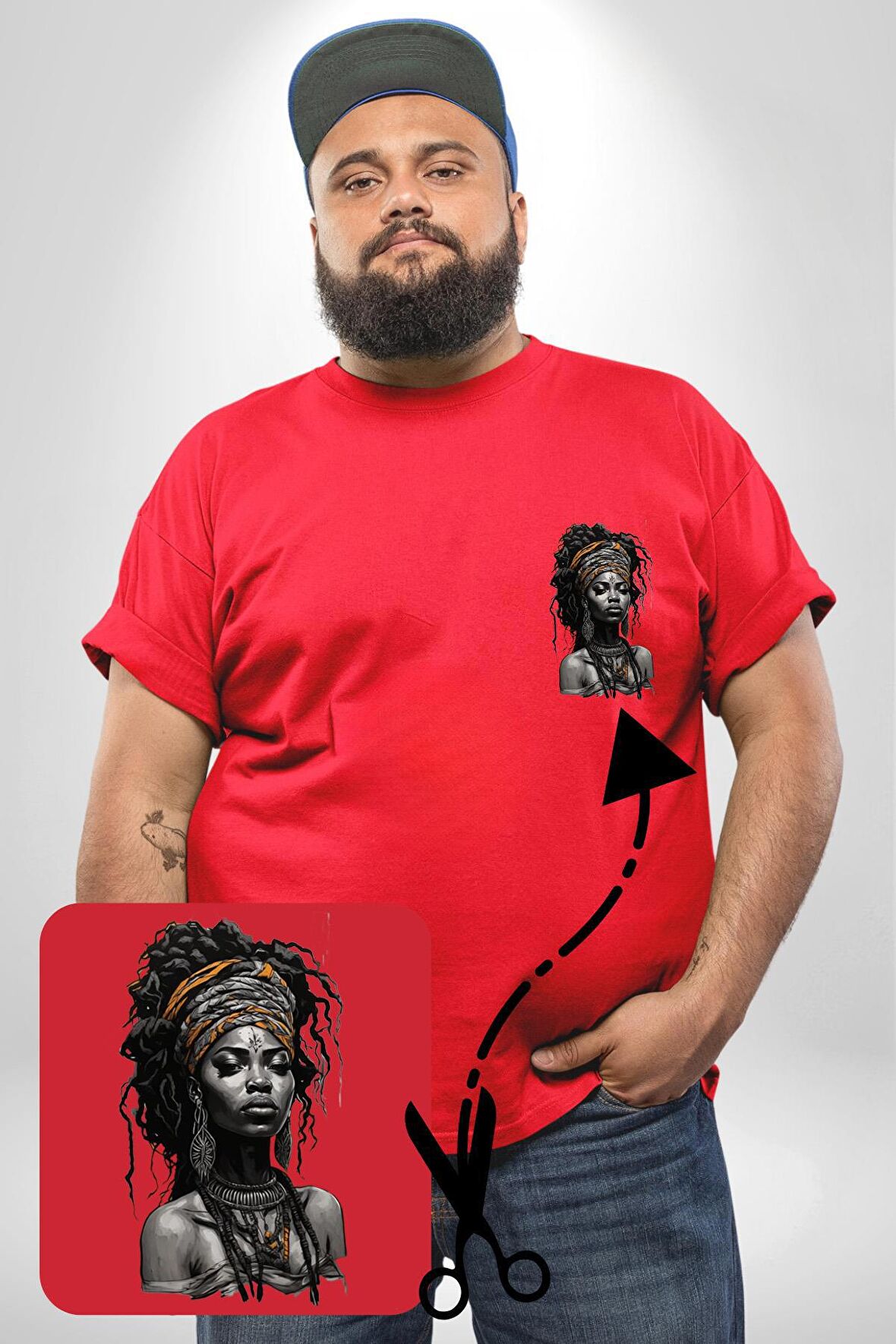 Afrikalı Kadın Sanat Kırmızıi  Kırmızı Büyük Beden Kadın Basic Minimal Baskılı Tişört