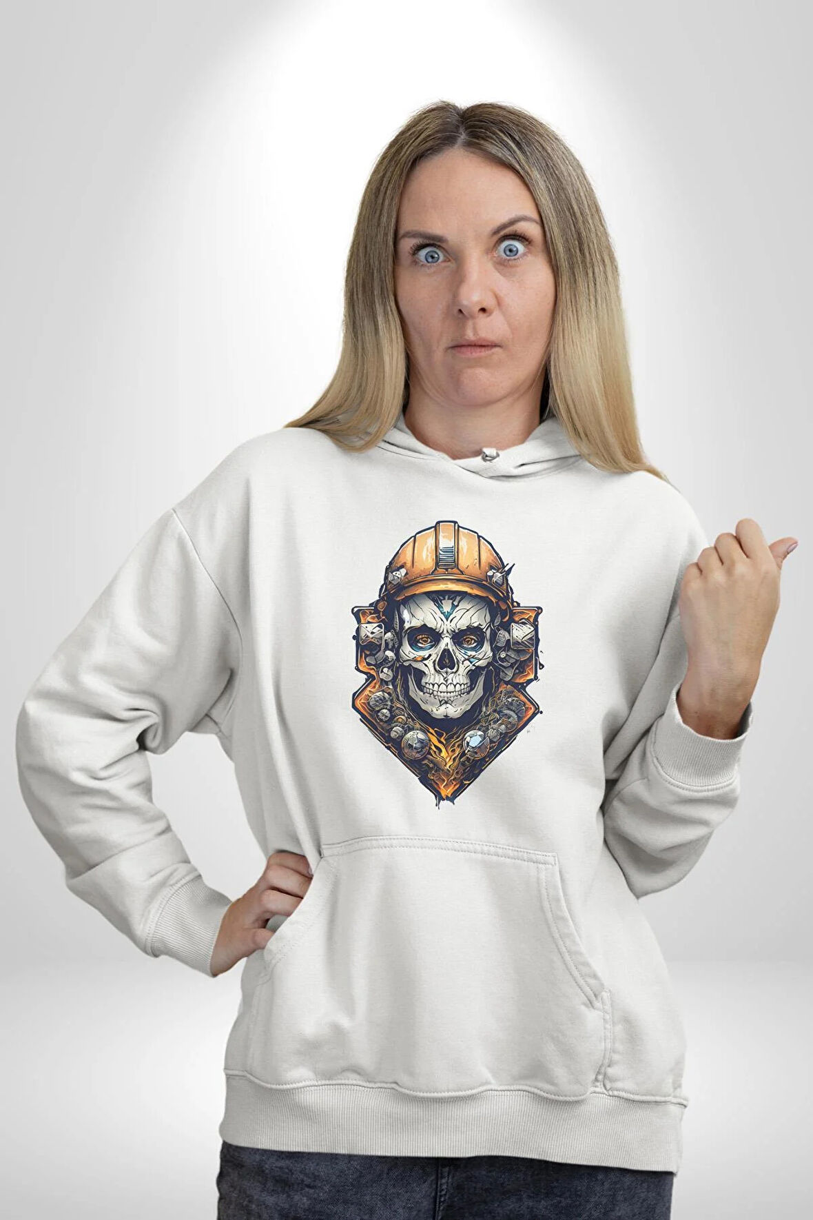 Maden İşcisi Kuru Kafa  Kadın Erkek  Beyaz Kapüşonlu Sweatshirt Hoodie