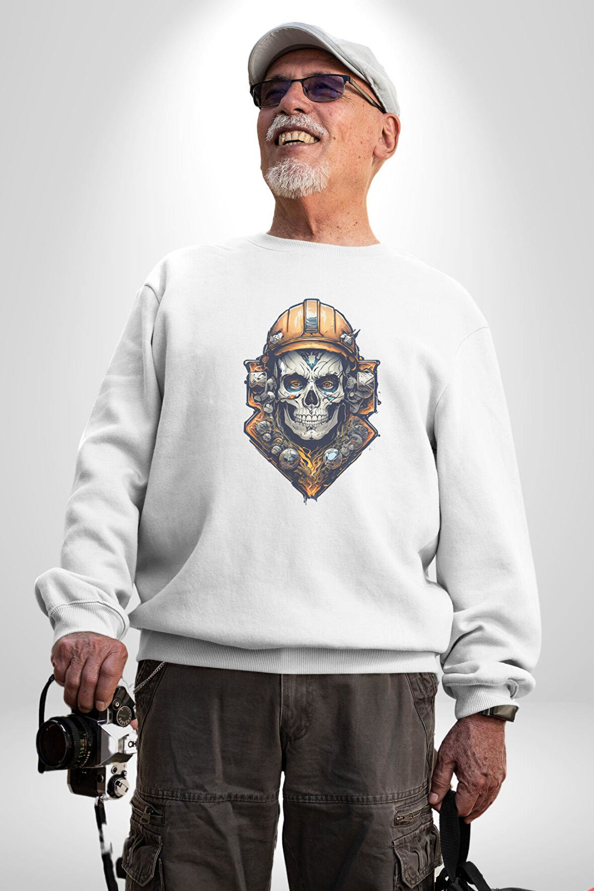 Maden İşcisi Kuru Kafa  Kadın Erkek  Beyaz Baskılı Sweatshirt 