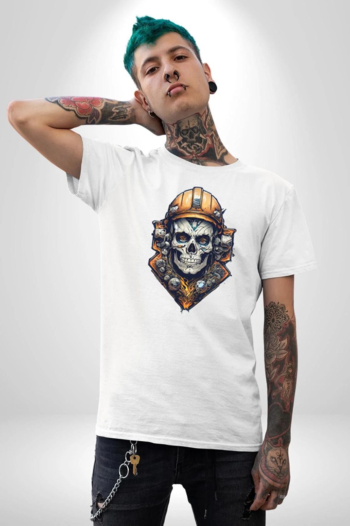 Maden İşcisi Kuru Kafa  Kadın Erkek Unisex Beyaz Organik Baskılı T-Shirt Penye Yüksek Kalite