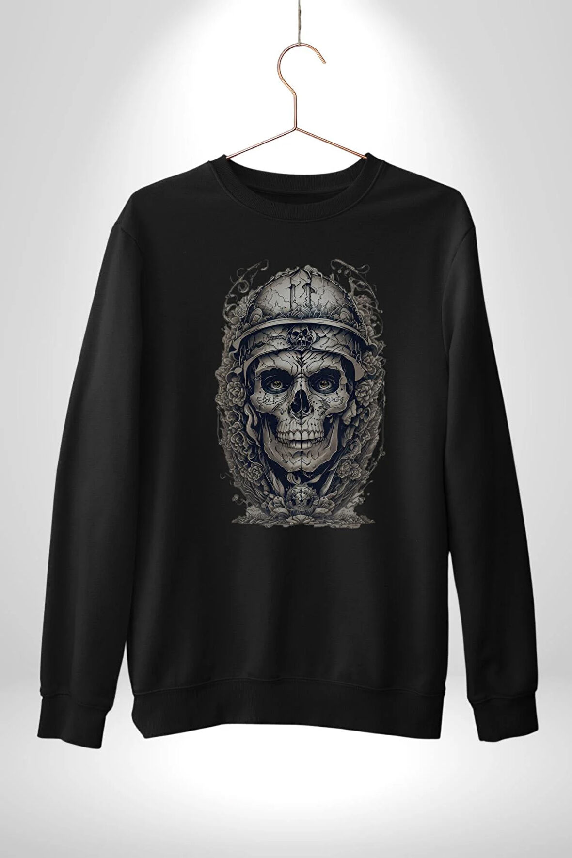 Kask Miğfer İskelet Asker Kadın Erkek  Siyah Baskılı Sweatshirt 