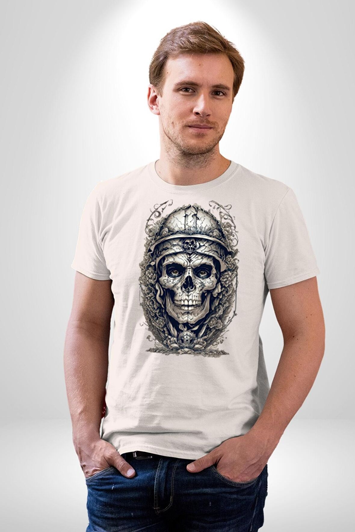 Kask Miğfer İskelet Asker Kadın Erkek Unisex Beyaz Organik Baskılı T-Shirt Penye Yüksek Kalite