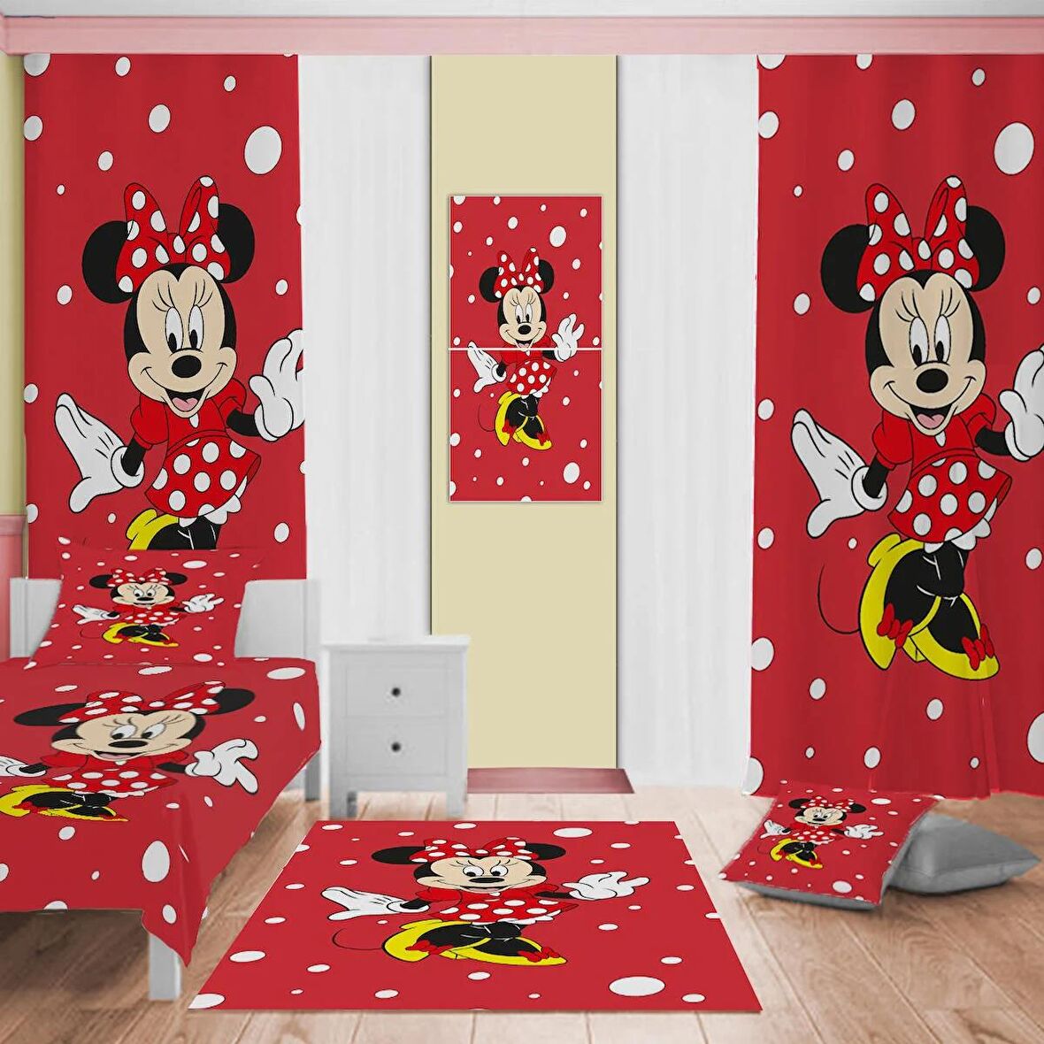 Mickey Mouse Desenli Çocuk Odası Takım Perde (iki Kanat),Yatak Örtüsü,Yastık,Kırlent ,Halı,Tablo