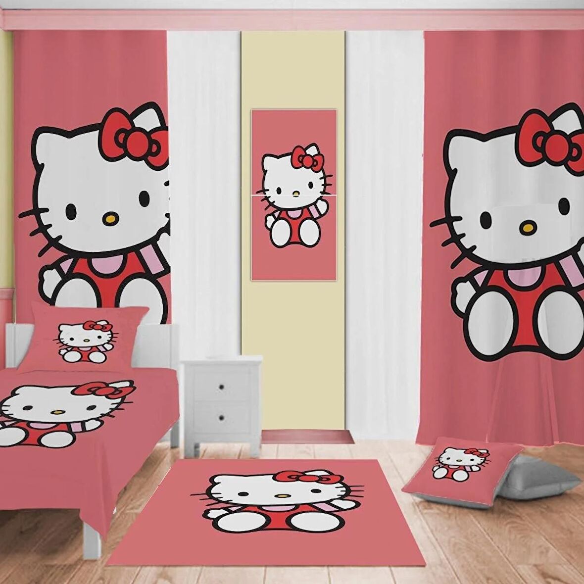 Hello Kitty Desenli Çocuk Odası Takım Perde (iki Kanat),Yatak Örtüsü,Yastık,Kırlent ,Halı,Tablo