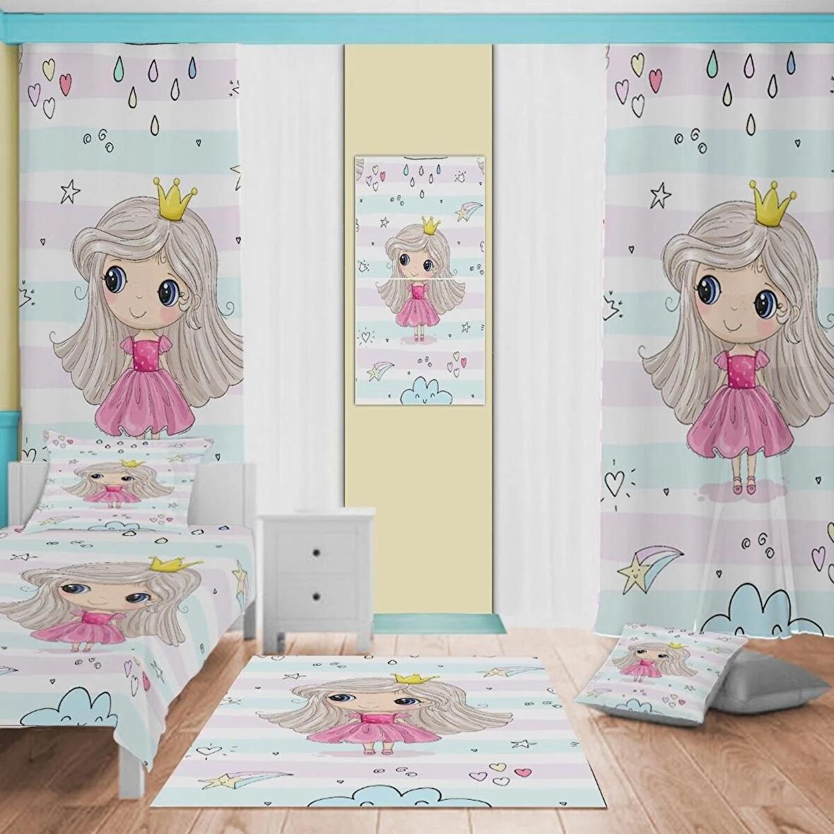 Princess Desenli Çocuk Odası Takım Perde (iki Kanat),Yatak Örtüsü,Yastık,Kırlent ,Halı,Tablo
