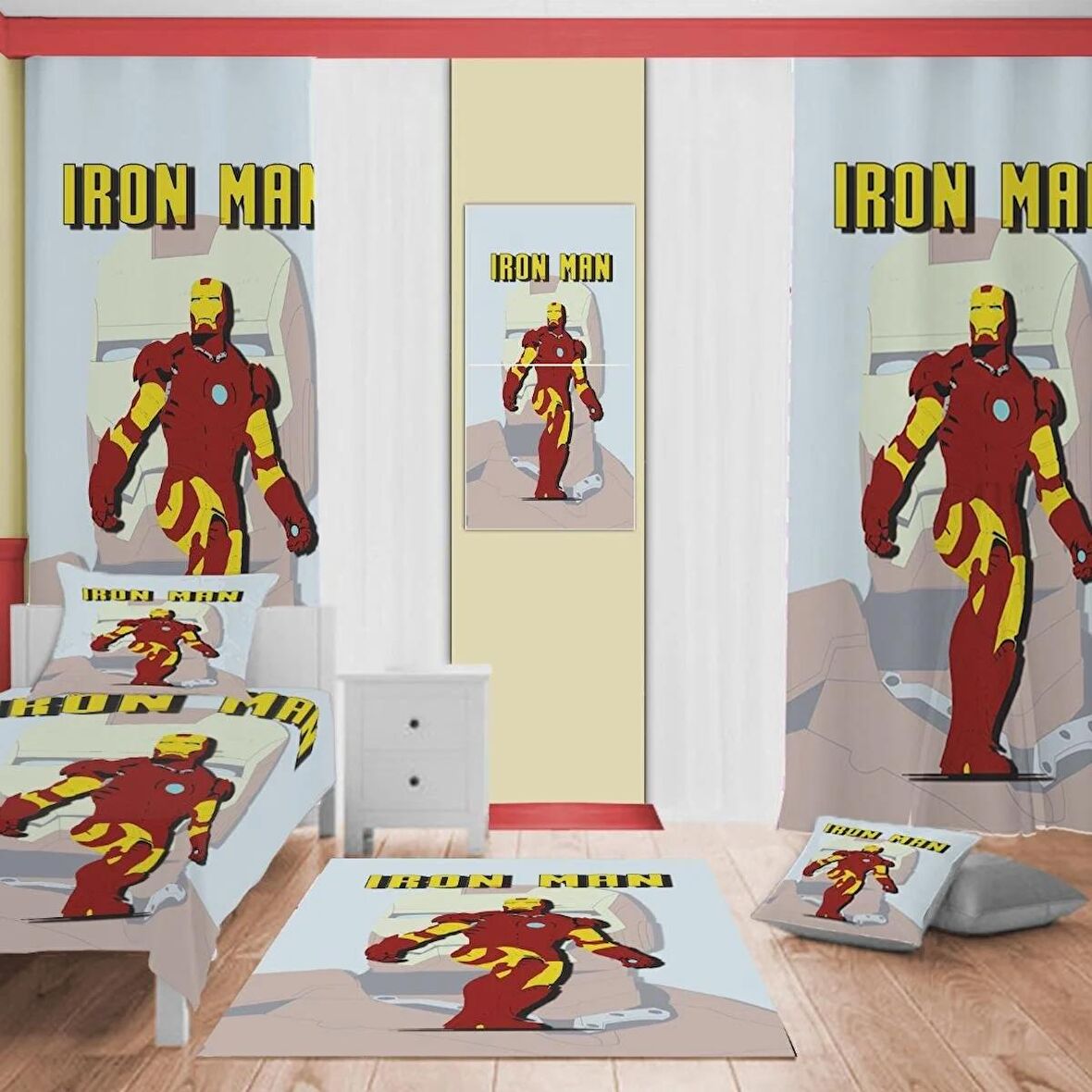 IRON MAN Desenli Çocuk Odası Takım Perde (iki Kanat),Yatak Örtüsü,Yastık,Kırlent ,Halı,Tablo