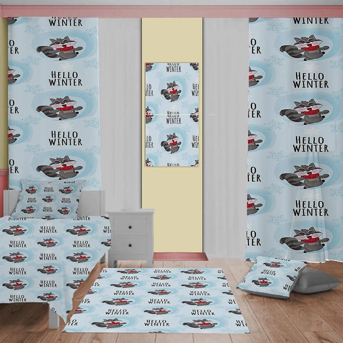 MERHABA KIŞ Desenli Çocuk Odası Takım Perde (iki Kanat),Yatak Örtüsü,Yastık,Kırlent ,Halı,Tablo