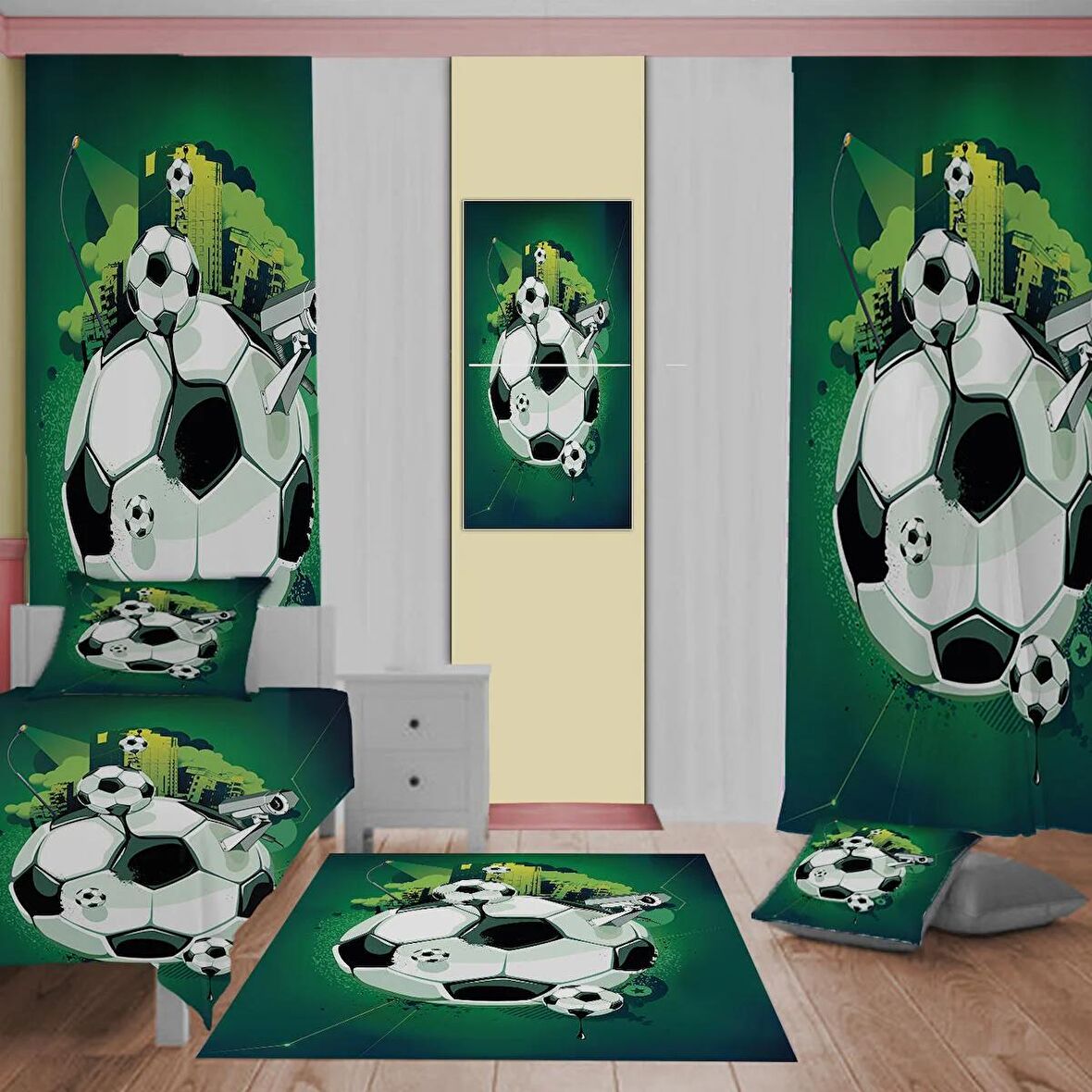 Futbol Desenli Çocuk Odası Takım Perde (iki Kanat),Yatak Örtüsü,Yastık,Kırlent ,Halı,Tablo