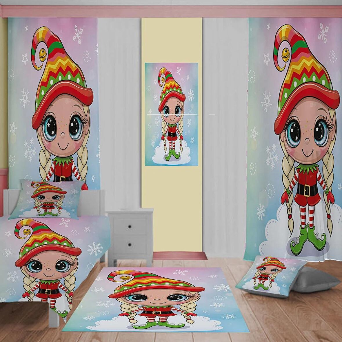 Cute cartoon Desenli Çocuk Odası Takım Perde (iki Kanat),Yatak Örtüsü,Yastık,Kırlent ,Halı,Tablo