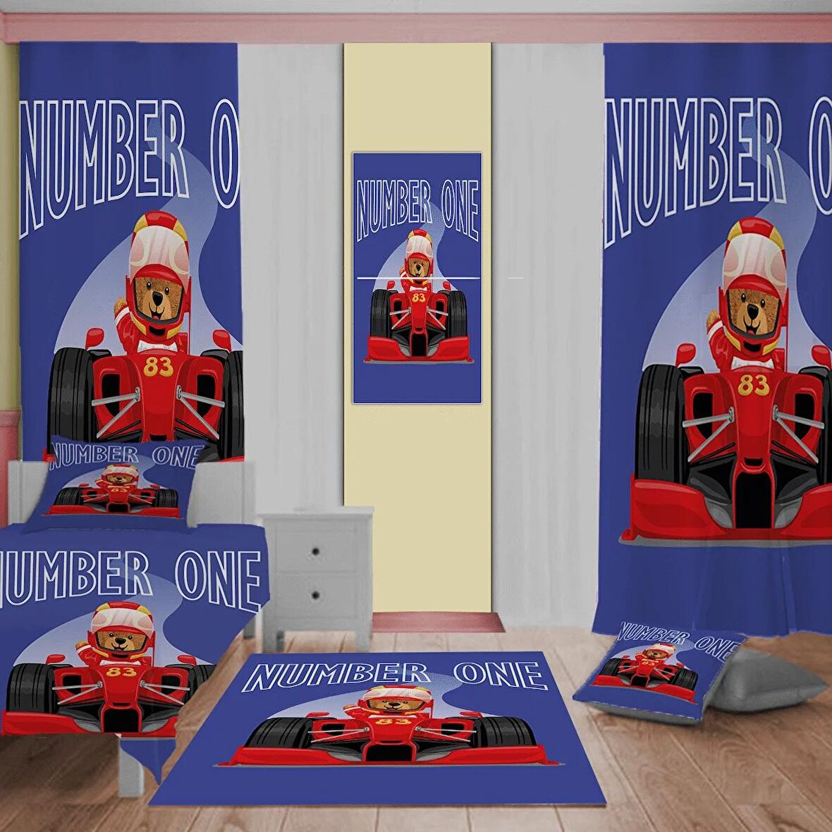 formula one car Desenli Çocuk Odası Takım Perde (iki Kanat),Yatak Örtüsü,Yastık,Kırlent ,Halı,Tablo