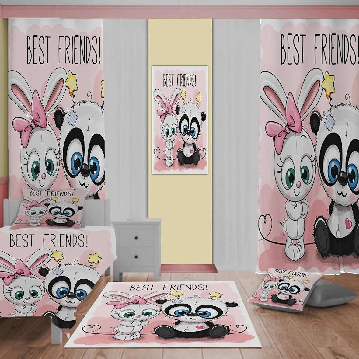 BEST FRIENDS Desenli Çocuk Odası Takım Perde (iki Kanat),Yatak Örtüsü,Yastık,Kırlent ,Halı,Tablo