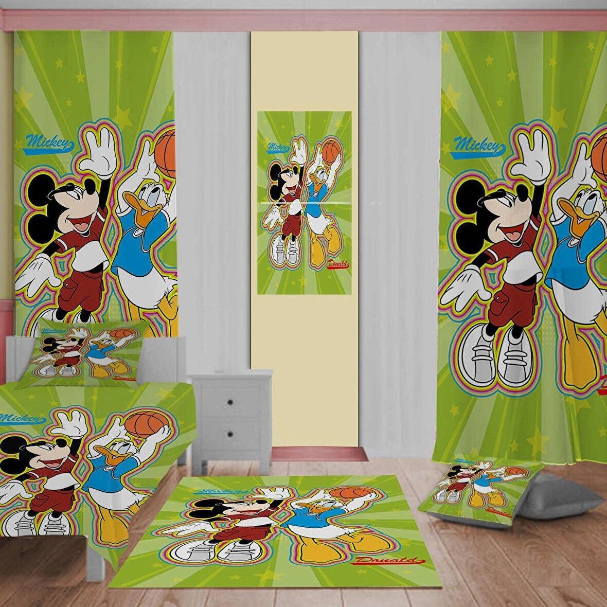Mickey Desen Çocuk Odası Dekorasyon Takımı Perde (Iki Kanat),yatak Örtüsü,yastık,kırlent ,halı,tablo