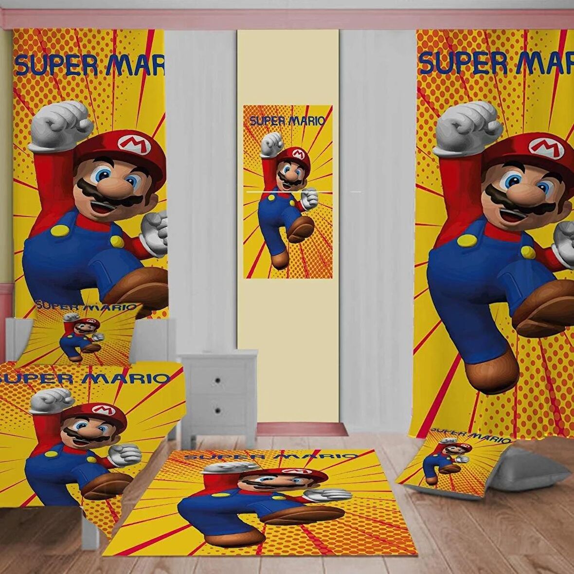 SUPER MARIO
 Desenli Çocuk Odası Takım Perde (iki Kanat),Yatak Örtüsü,Yastık,Kırlent ,Halı,Tablo