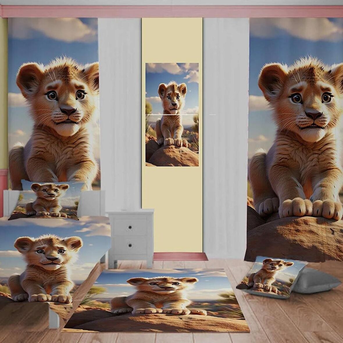 3D bebek aslan Desenli Çocuk Odası Takım Perde (iki Kanat),Yatak Örtüsü,Yastık,Kırlent ,Halı,Tablo