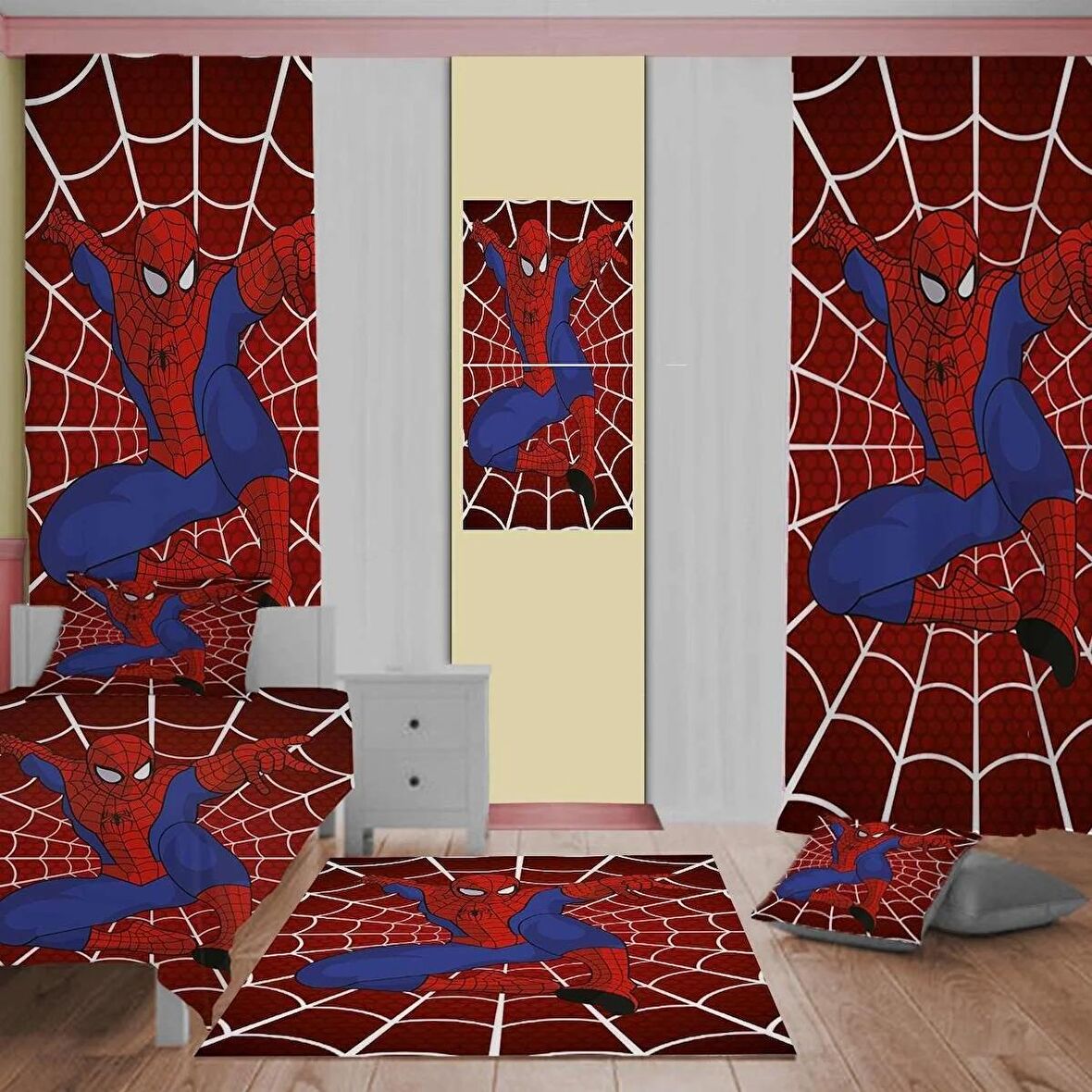 Spiderman  Desenli Çocuk Odası Takım Perde (iki Kanat),Yatak Örtüsü,Yastık,Kırlent ,Halı,Tablo