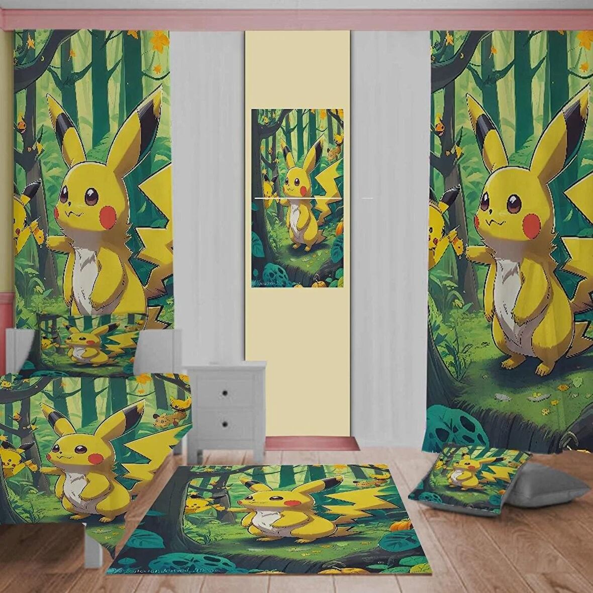 Pokemon  Desenli Çocuk Odası Takım Perde (iki Kanat),Yatak Örtüsü,Yastık,Kırlent ,Halı,Tablo