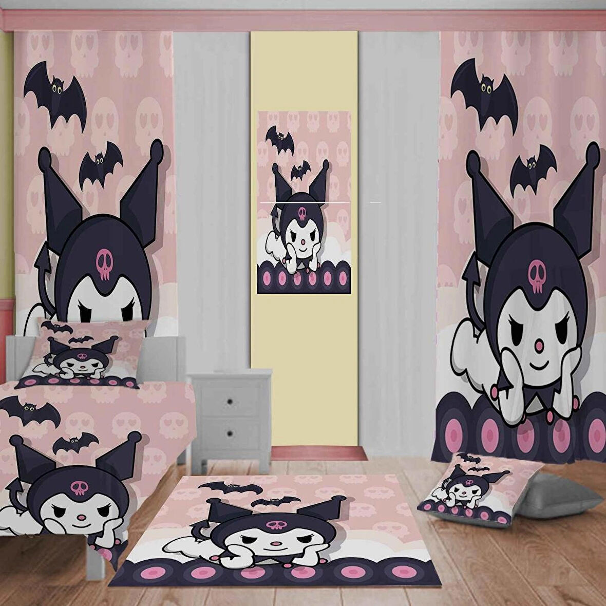 kuromi Desenli Çocuk Odası Takım Perde (iki Kanat),Yatak Örtüsü,Yastık,Kırlent ,Halı,Tablo