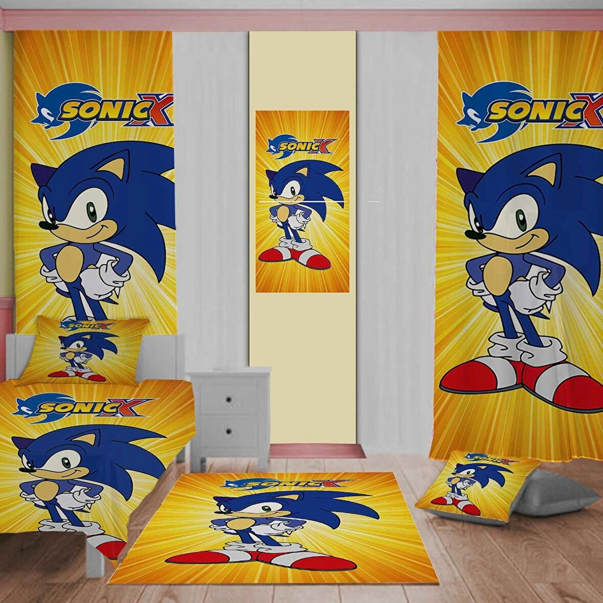 Sonic  Desen Çocuk Odası Takım Perde (Iki Kanat),yatak Örtüsü,yastık,kırlent ,halı,tablo