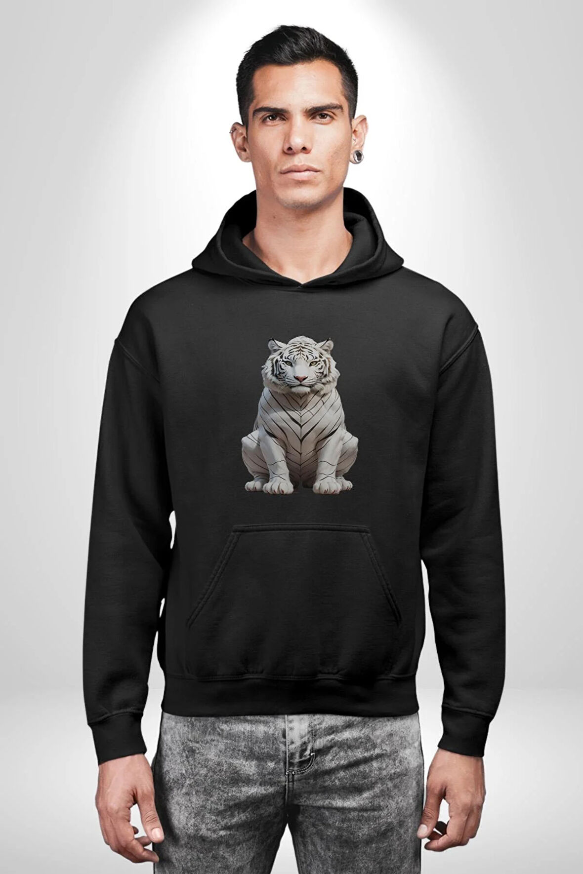 Beyaz Kaplan  Kadın Erkek  Siyah Kapüşonlu Sweatshirt Hoodie