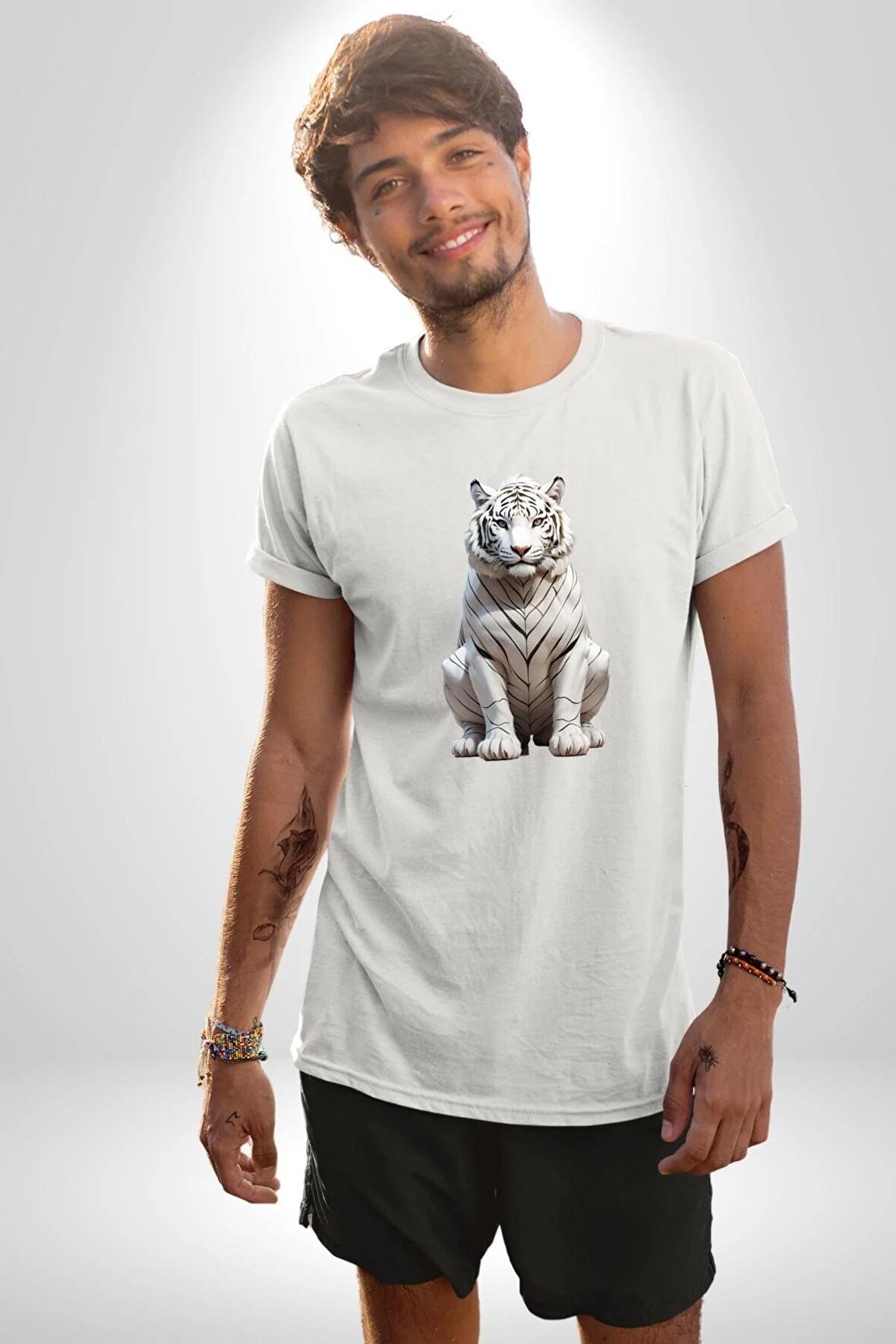 Beyaz Kaplan  Kadın Erkek Unisex Beyaz Organik Baskılı T-Shirt Penye Yüksek Kalite