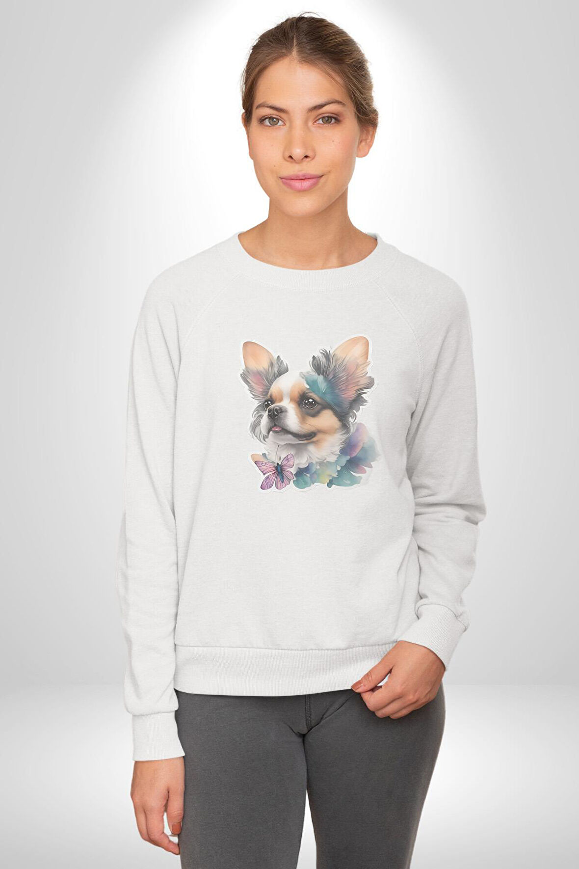Chihuahua Köpek  Kadın Erkek  Beyaz Baskılı Sweatshirt 